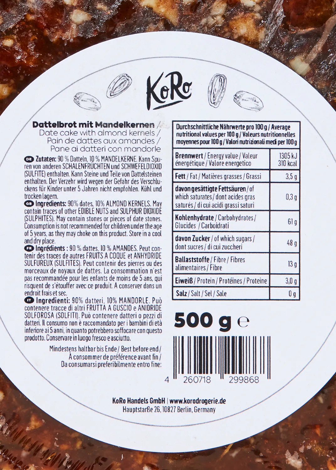 die Rückseite eines 500-g-Produkts zeigt die Nährwerte