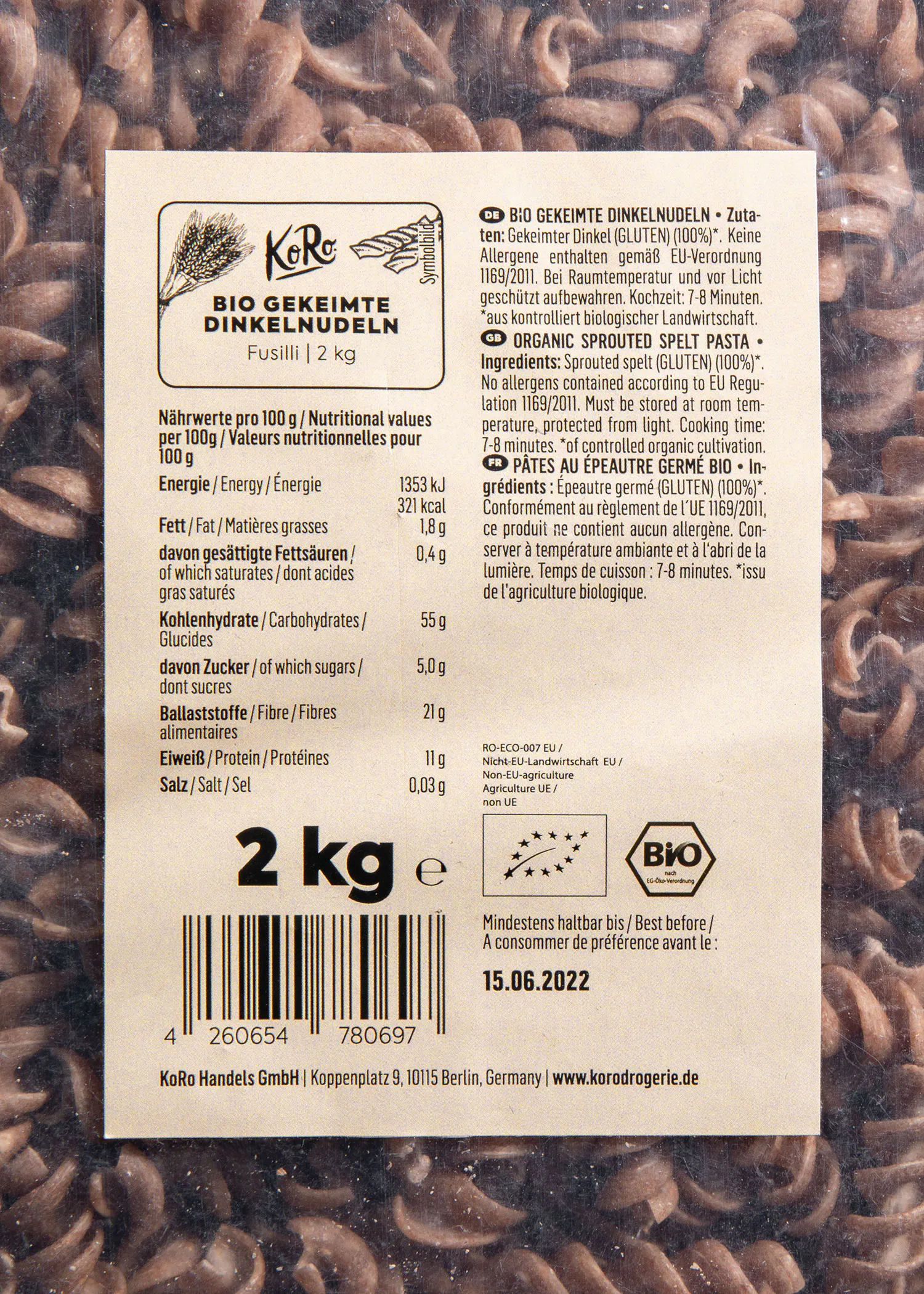 l' arrière de l' emballage d' une pâte à pâtes bio de 2 kg