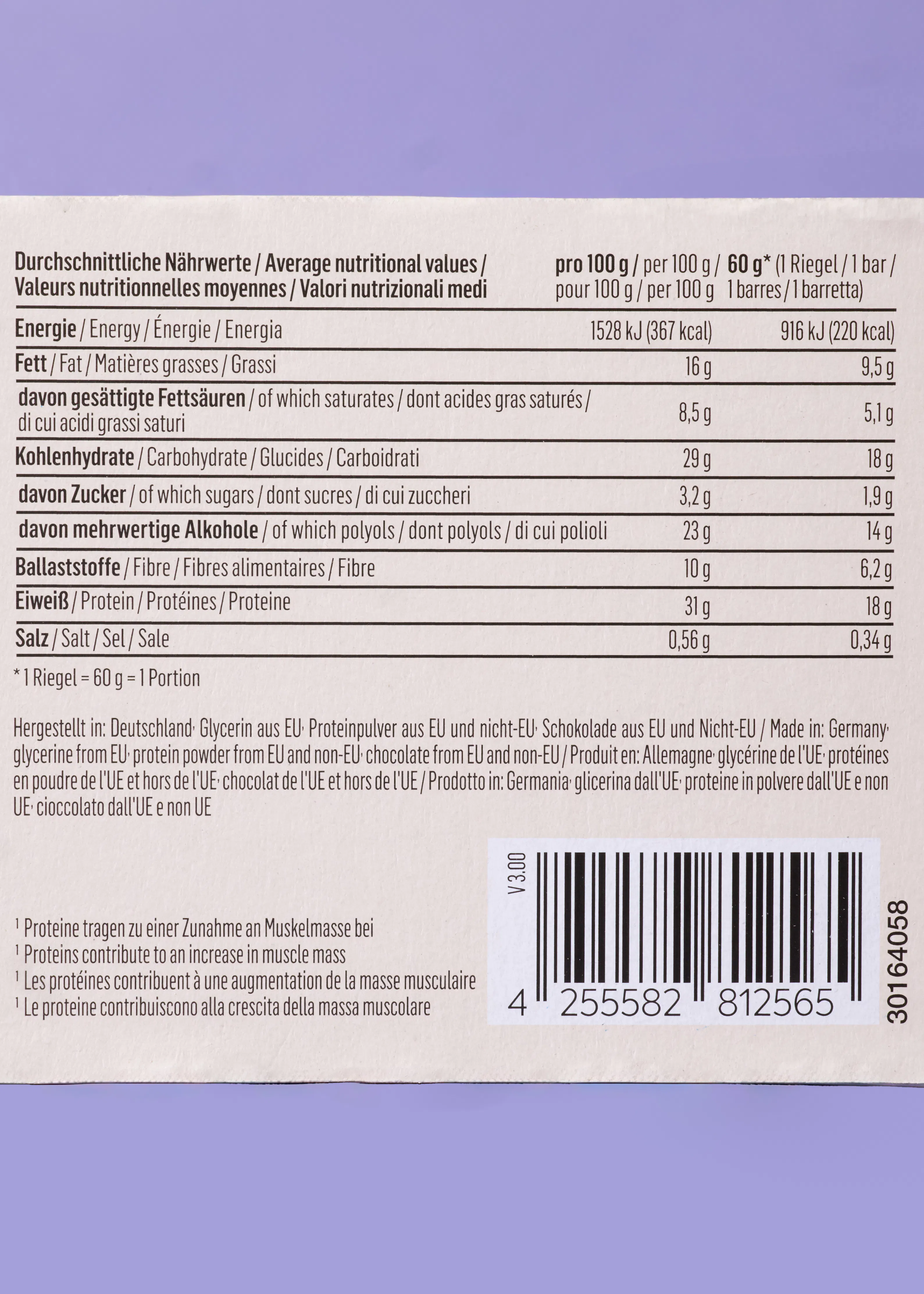 the back of a chocolate bar shows the nutritional facts