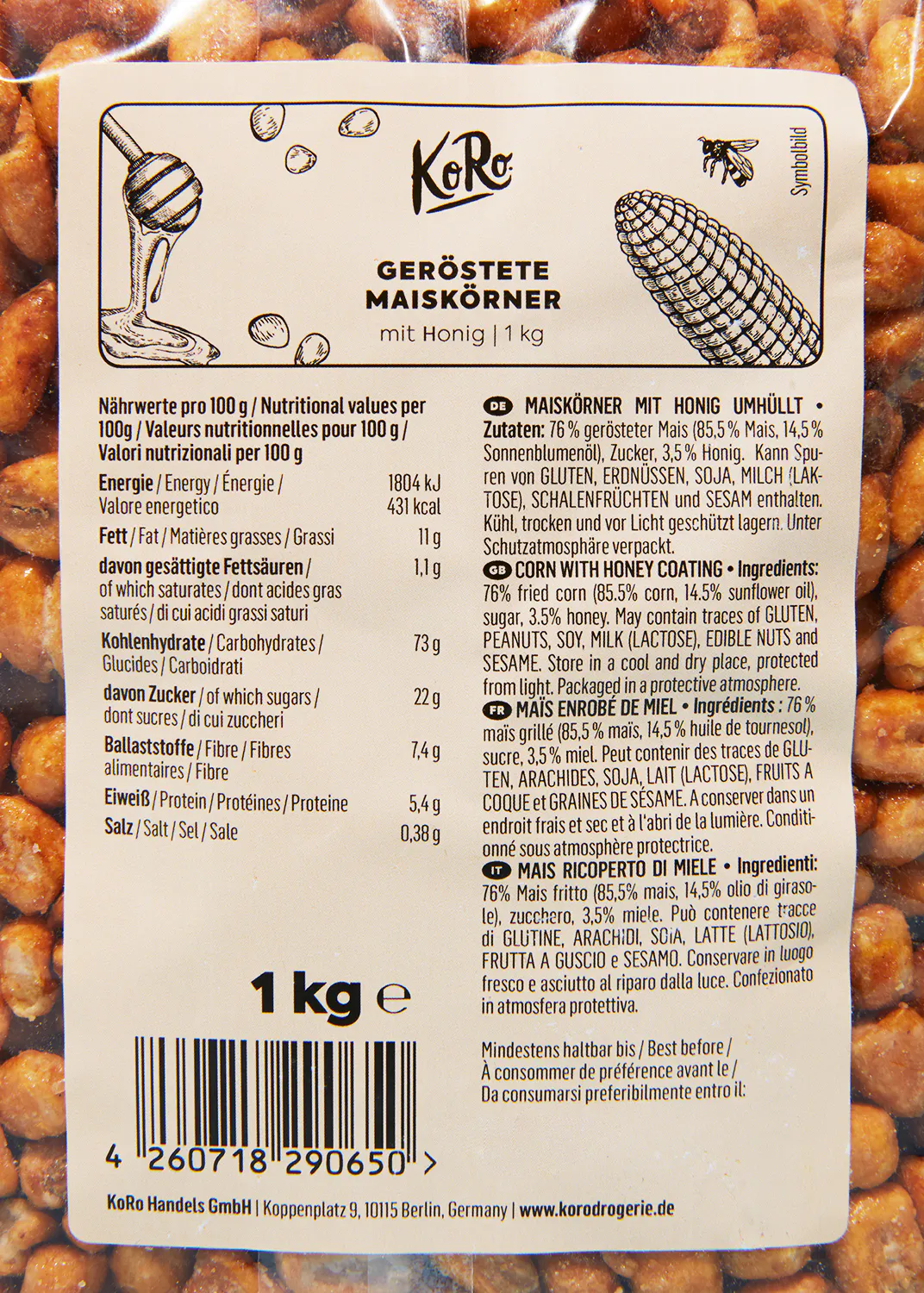 l' arrière de l' emballage d' un sac de maïs avec du miel