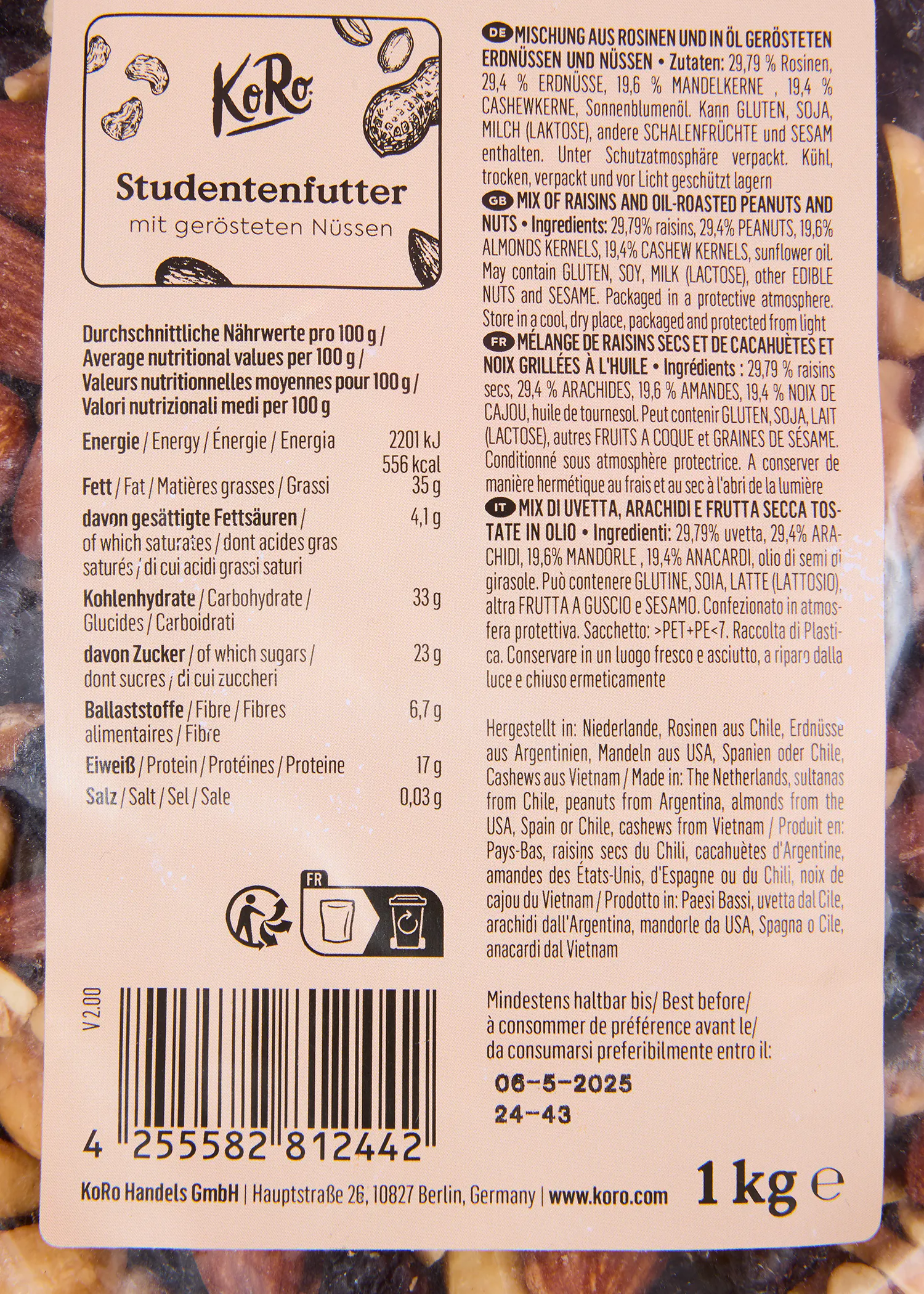 l' arrière d' une boîte de noix de cajou de 1 kg