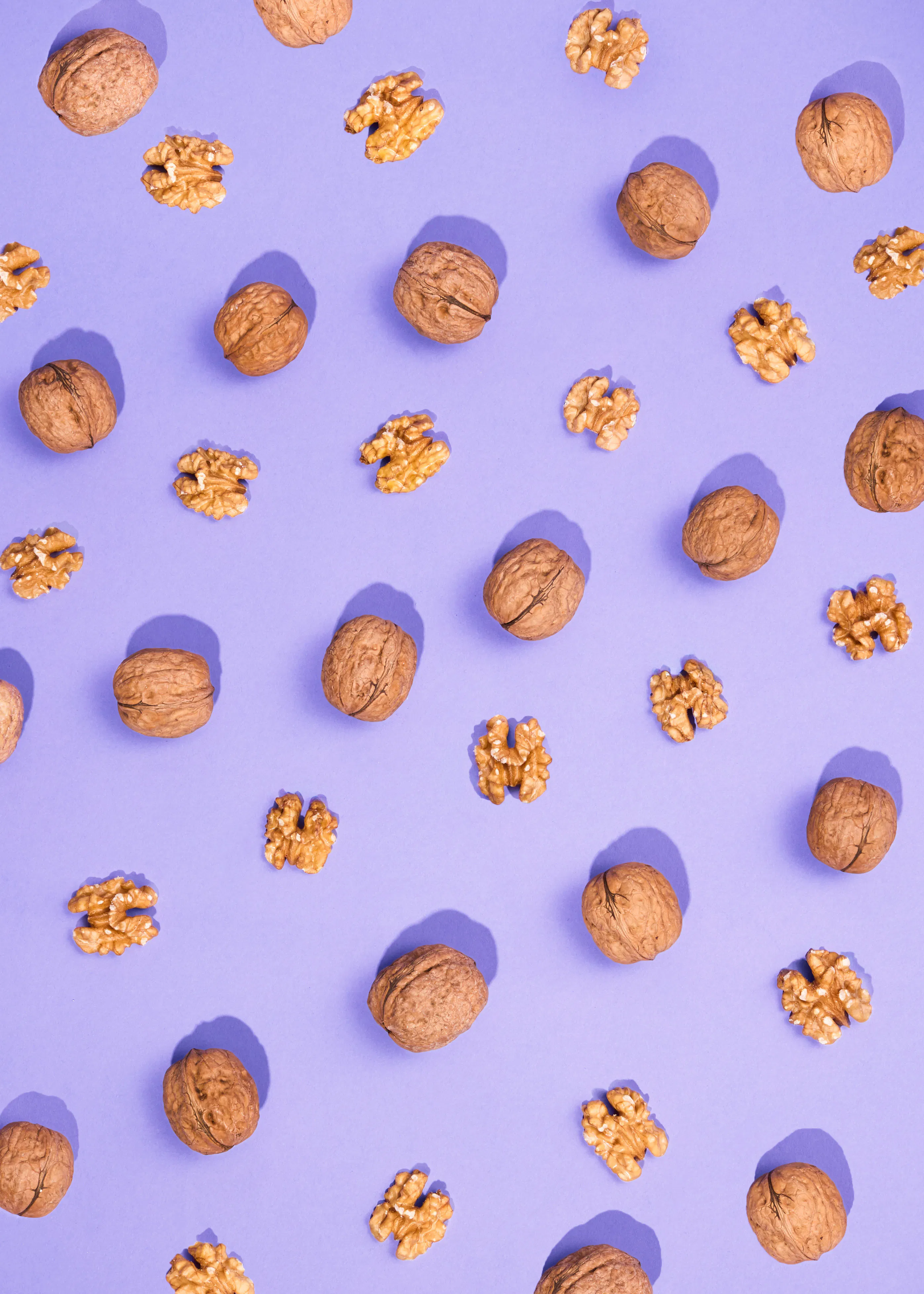noix entières et cerneaux de noix sont dispersés de manière aléatoire sur un fond violet.