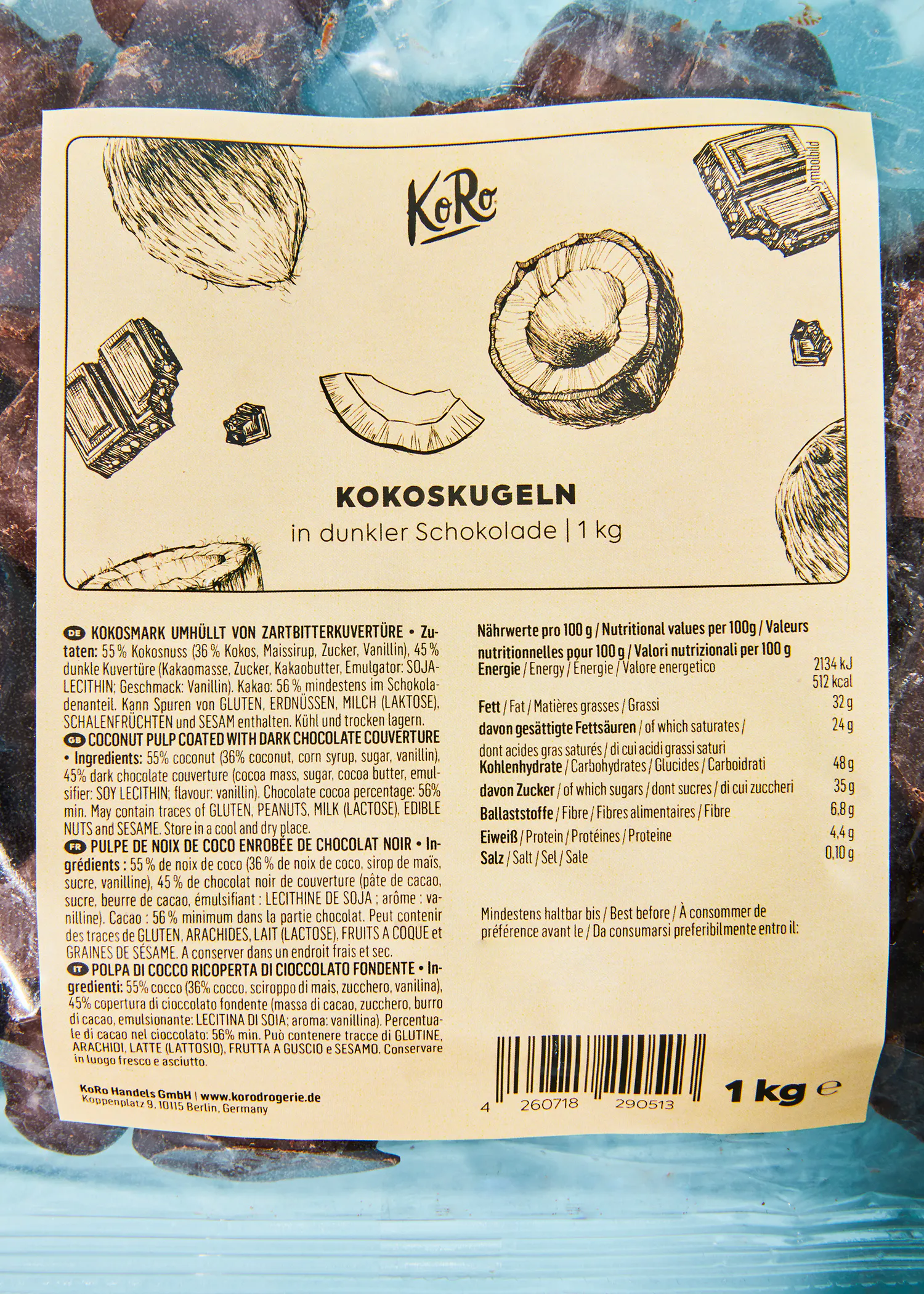die rückseite einer packung kokoskugeln in dunkler schokolade 1 kg
