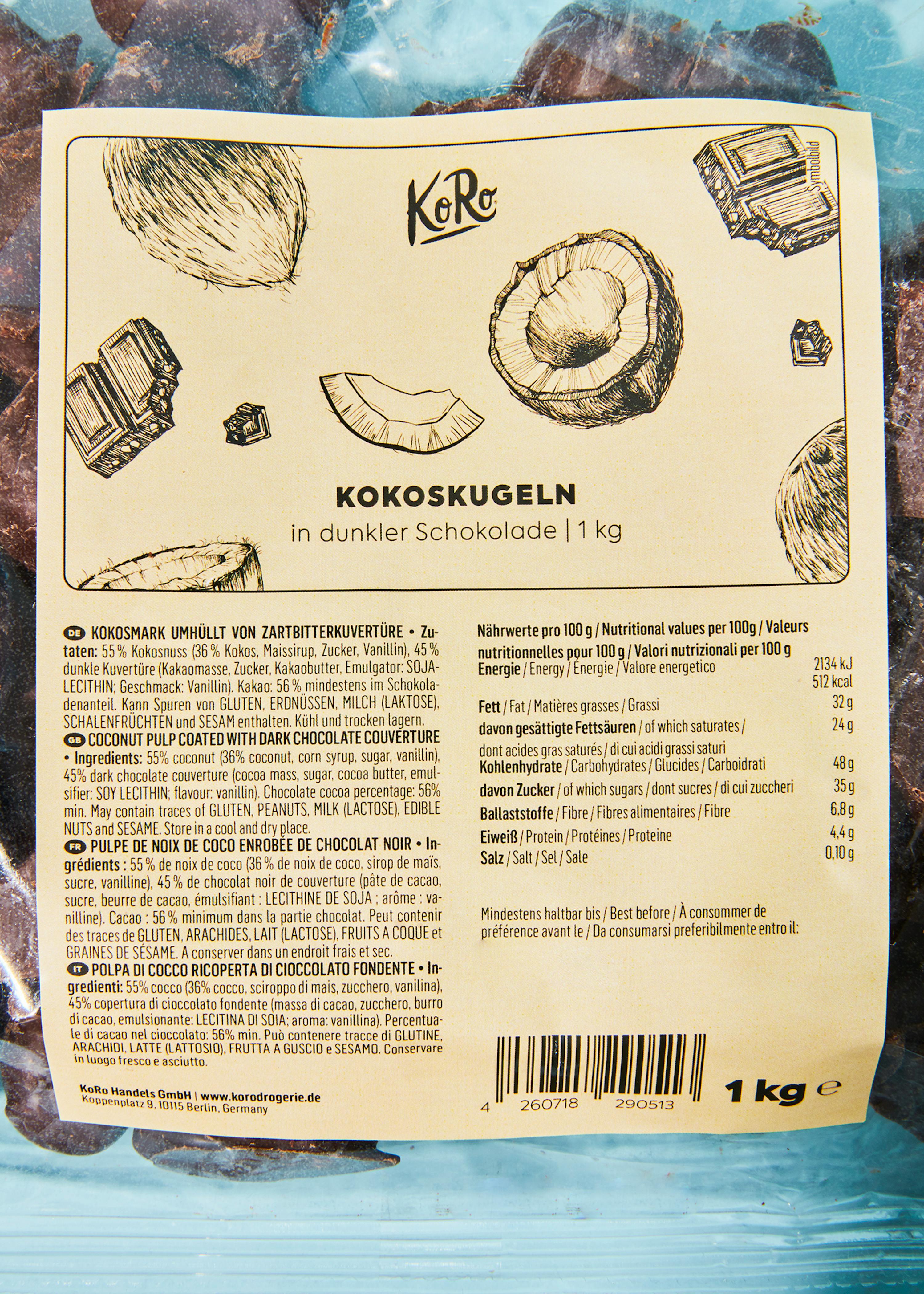 the back of a package of kokoskugeln in dark chocolate