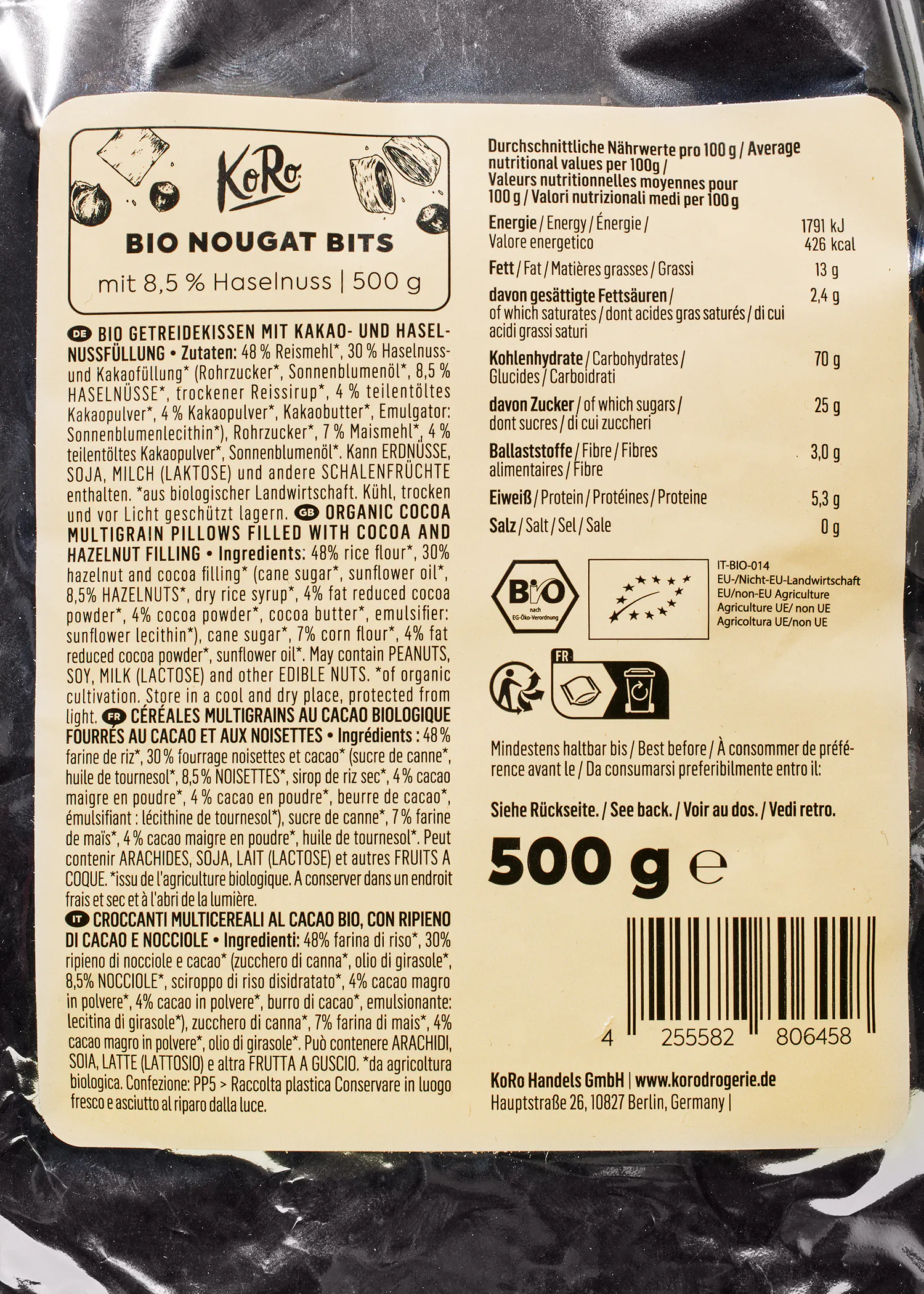die Rückseite eines Pakets mit 500 g Kakao und Haselnüssen