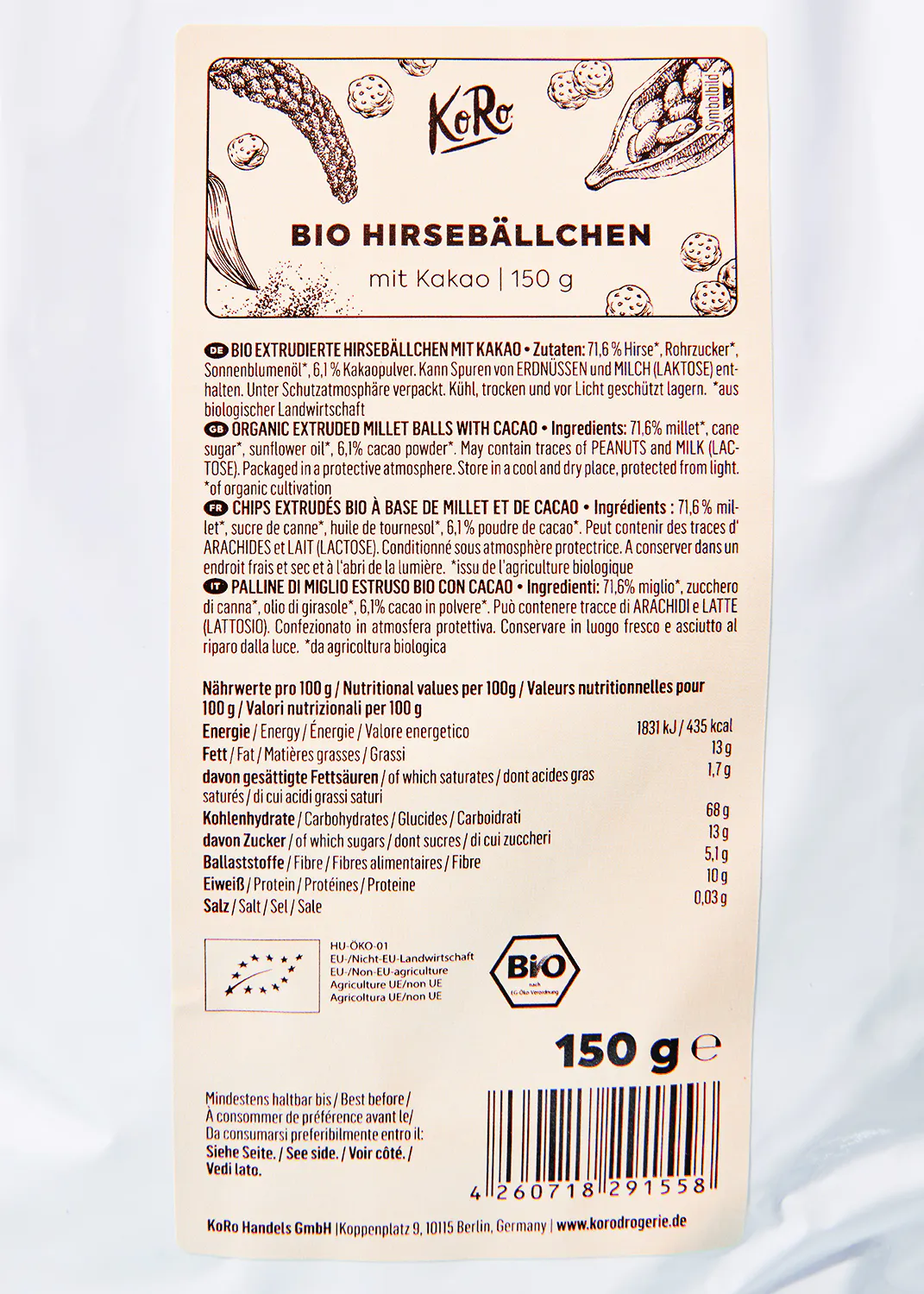 l' arrière de l' emballage d' un produit de 150 g