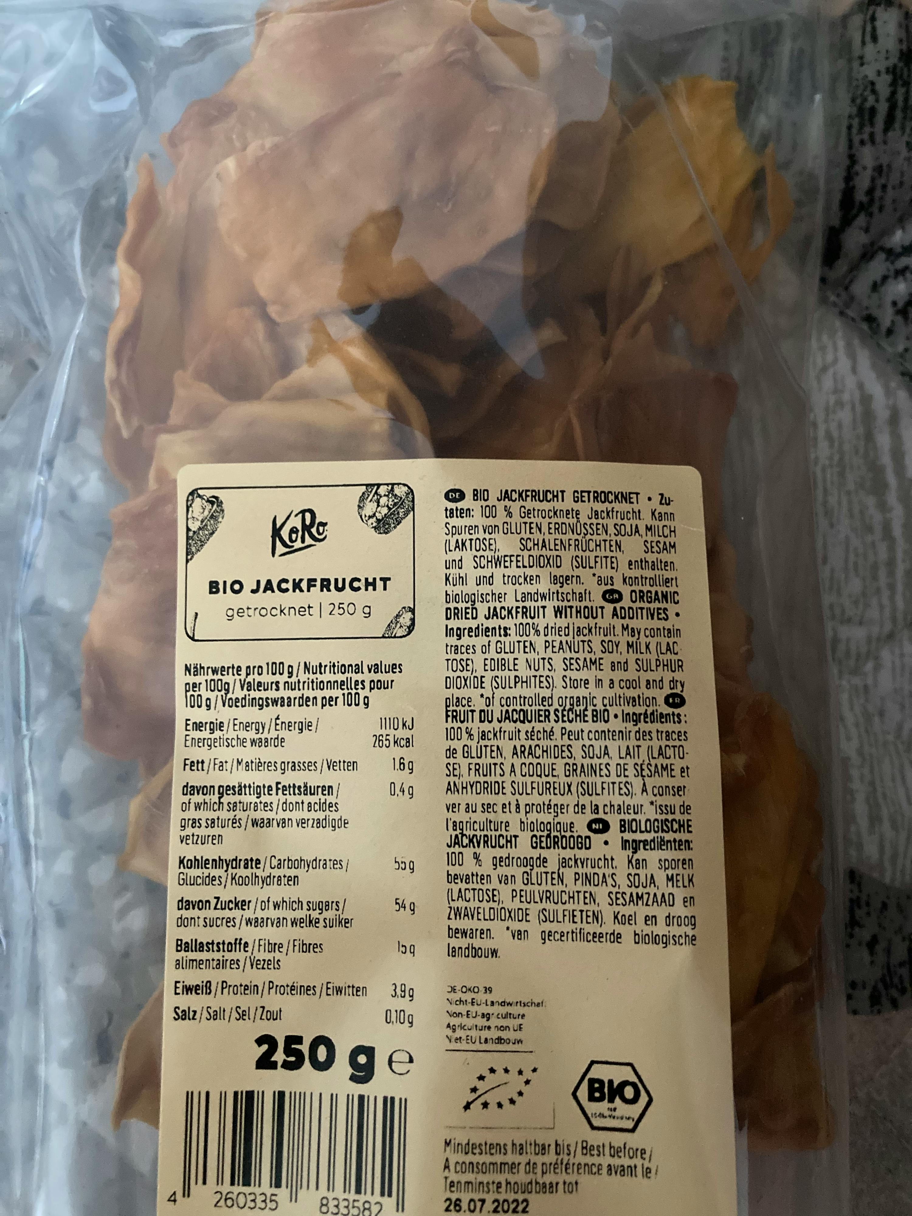 l' etichetta di un sacchetto di cibo con 250 g di prodotto