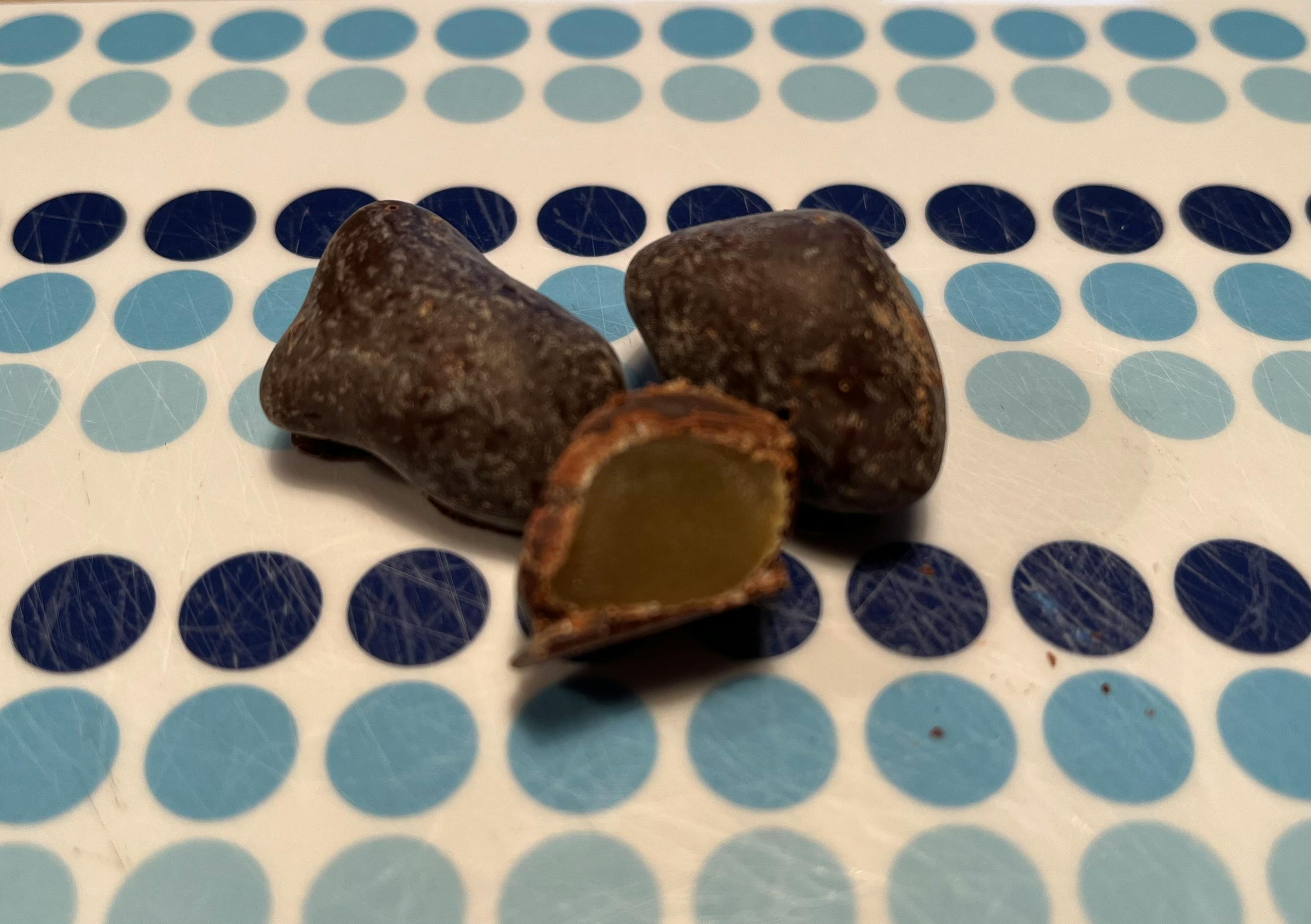 two pieces of chocolate on a blue and white polka dot plate