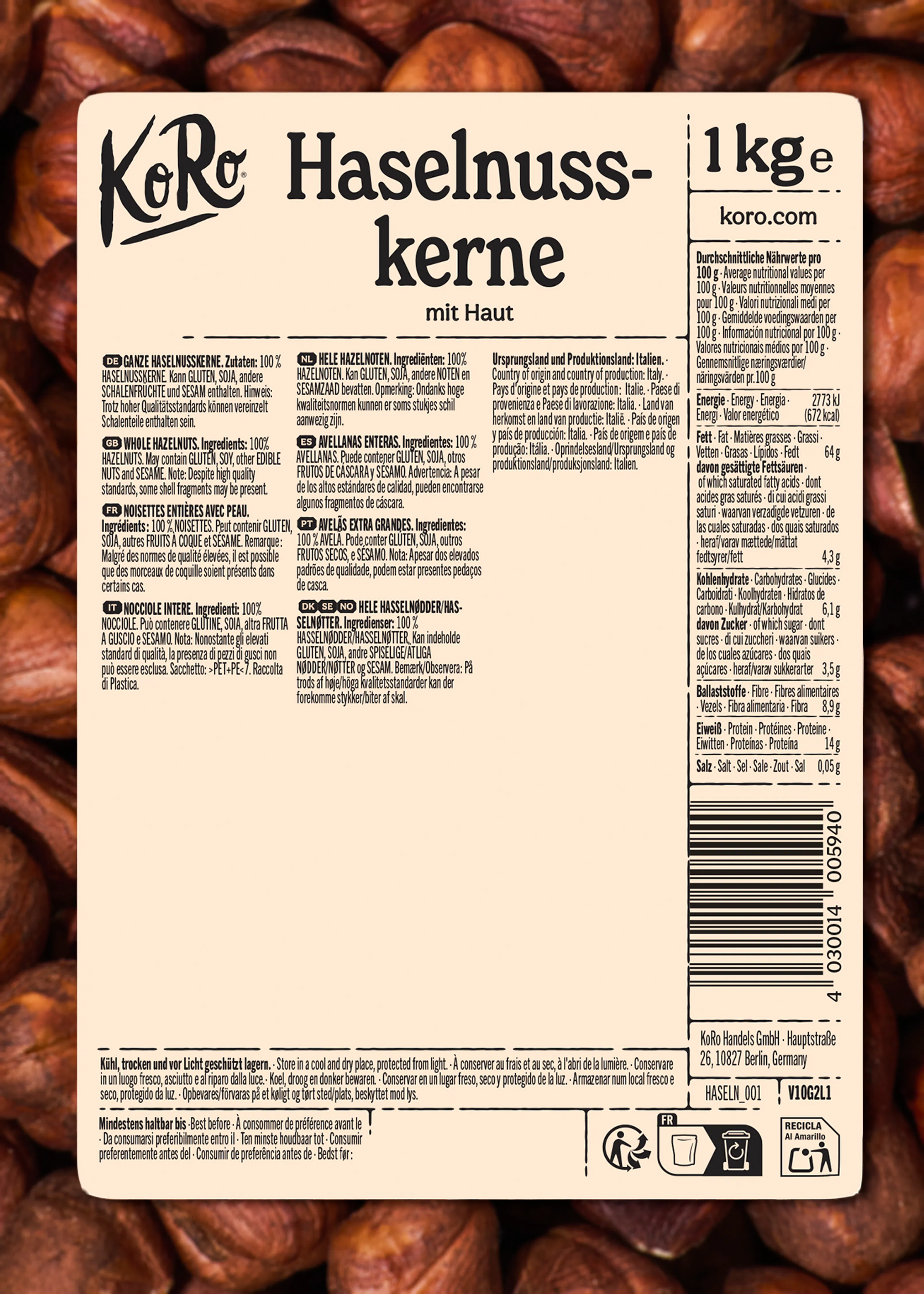 ein produktetikett für 1 kg koro haselnusskerne mit haut, das nährwertangaben und zutaten in mehreren sprachen zeigt.