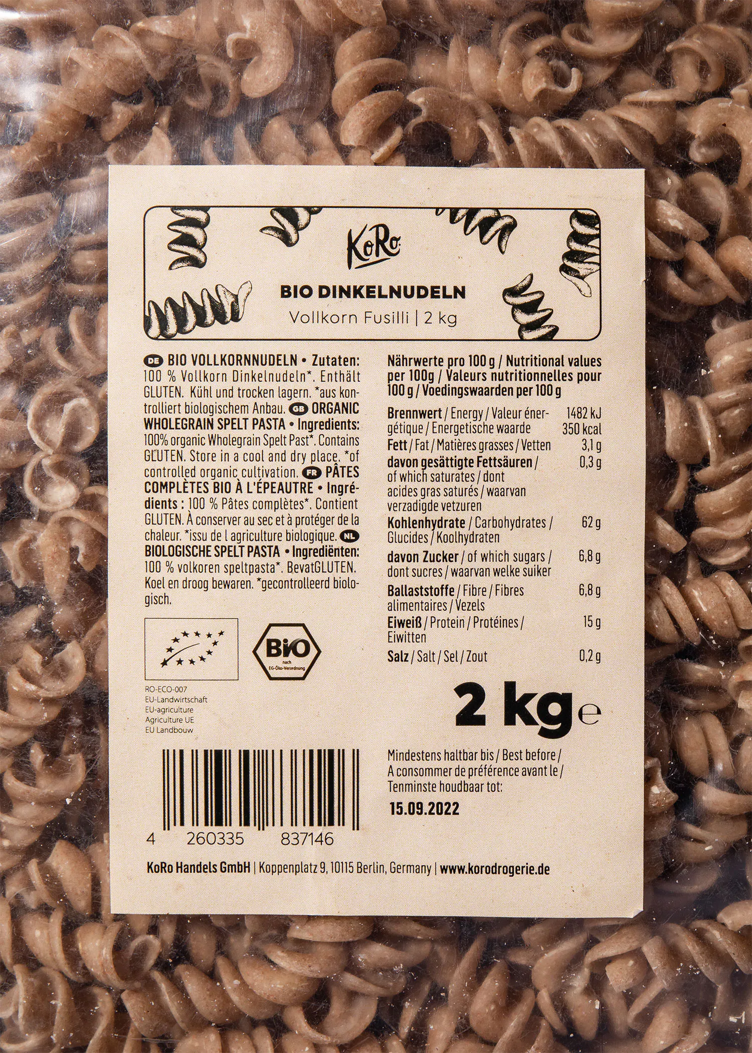 the back of a package of bio dinkelnudeln volkorn fusilli