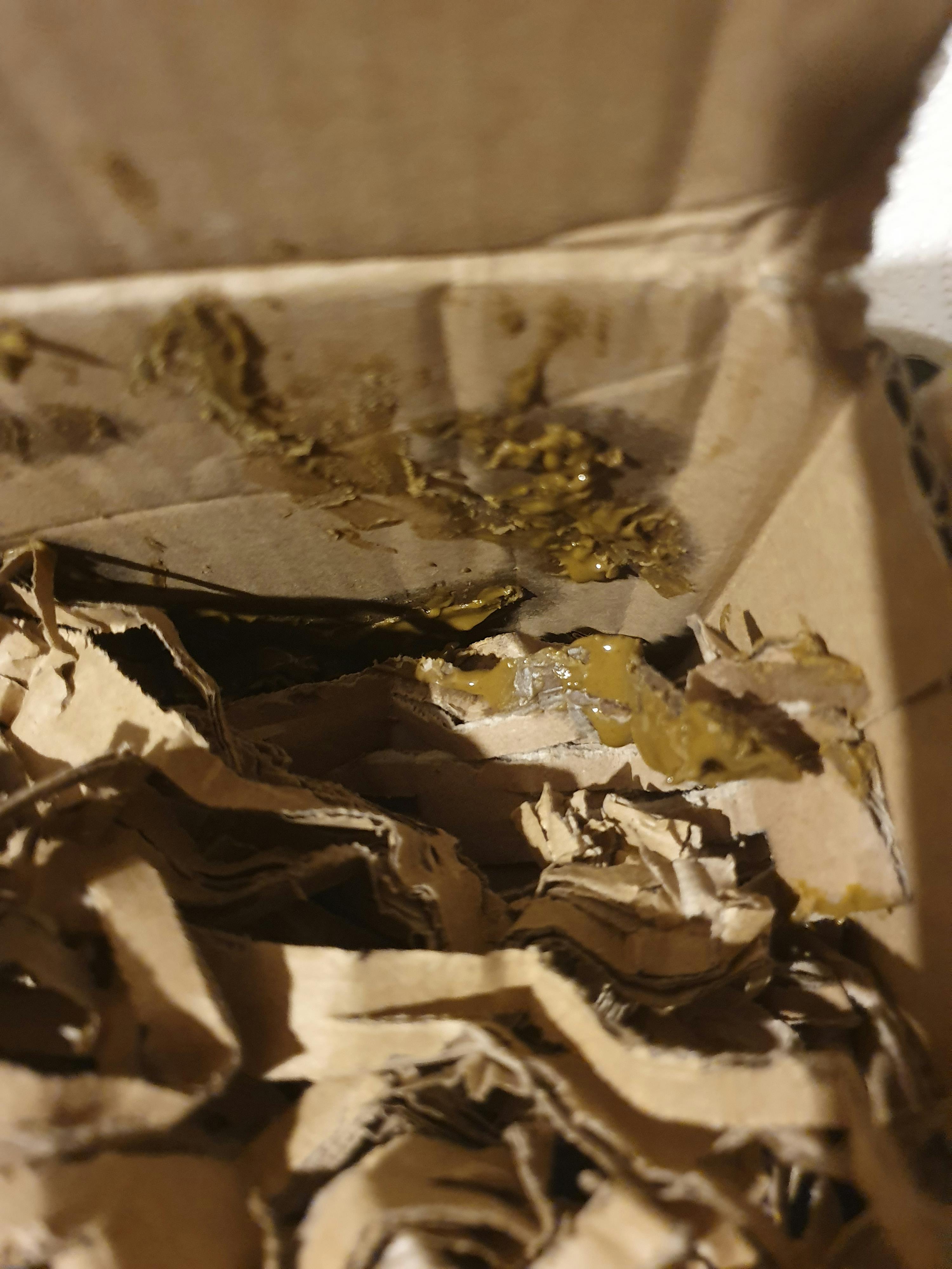 un gros plan d' une boîte en carton avec de la graisse visible