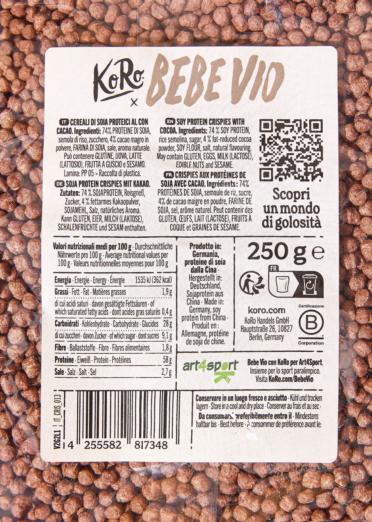 l' etichetta di un prodotto di cereali di soia con proteine al cioccolato