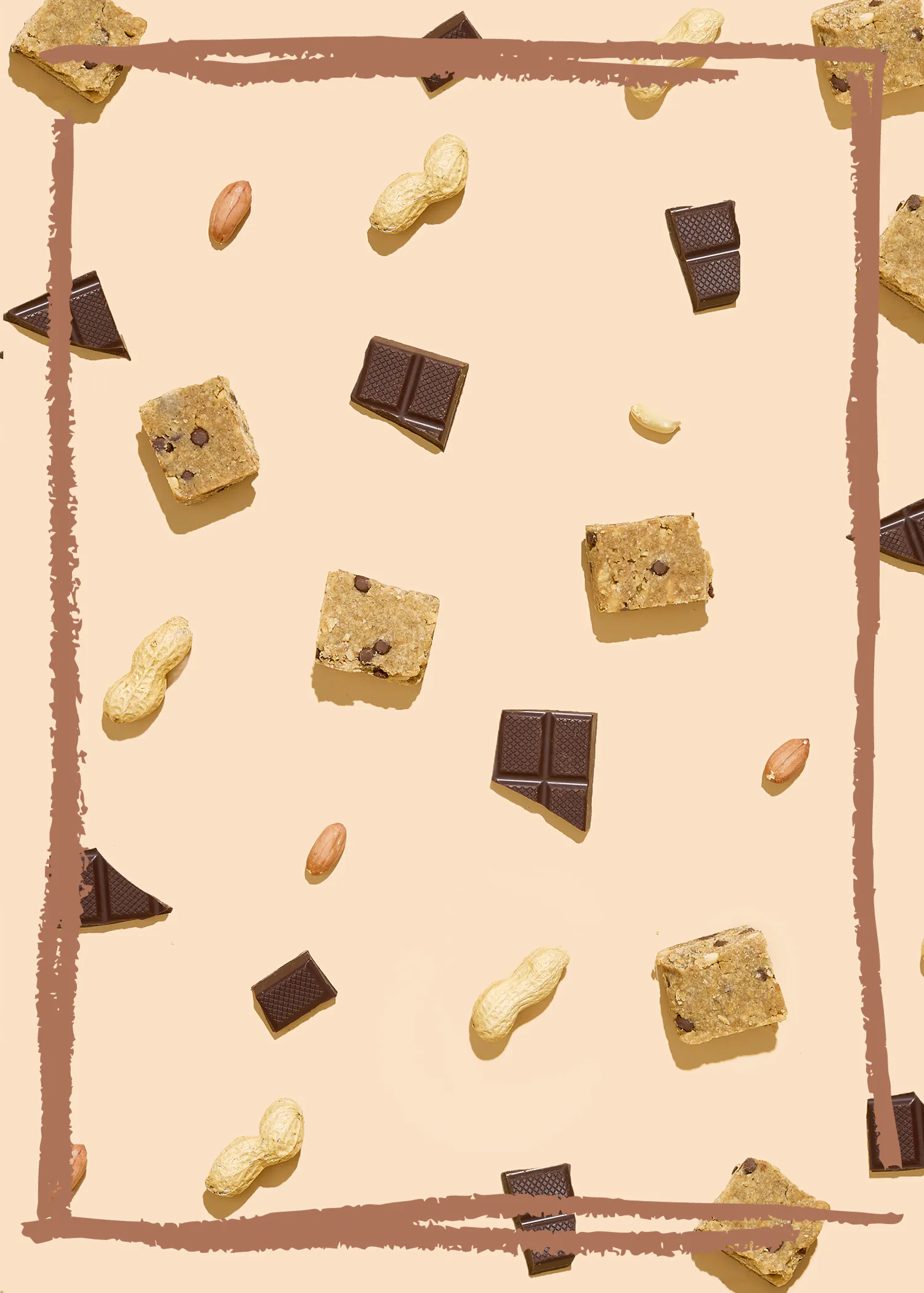 un quadrato pieno di barrette di cioccolato e arachidi