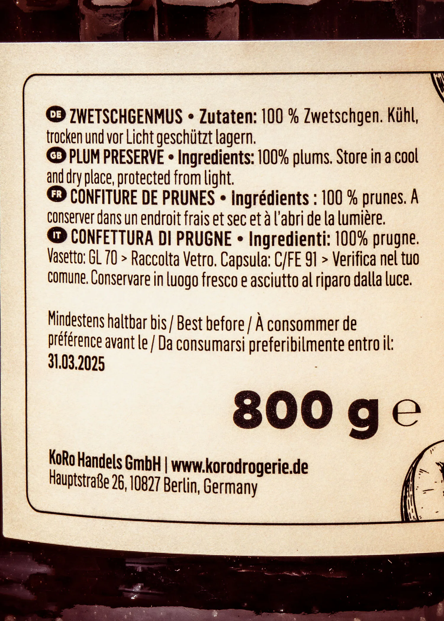 a close up of a label that says 800 g on it