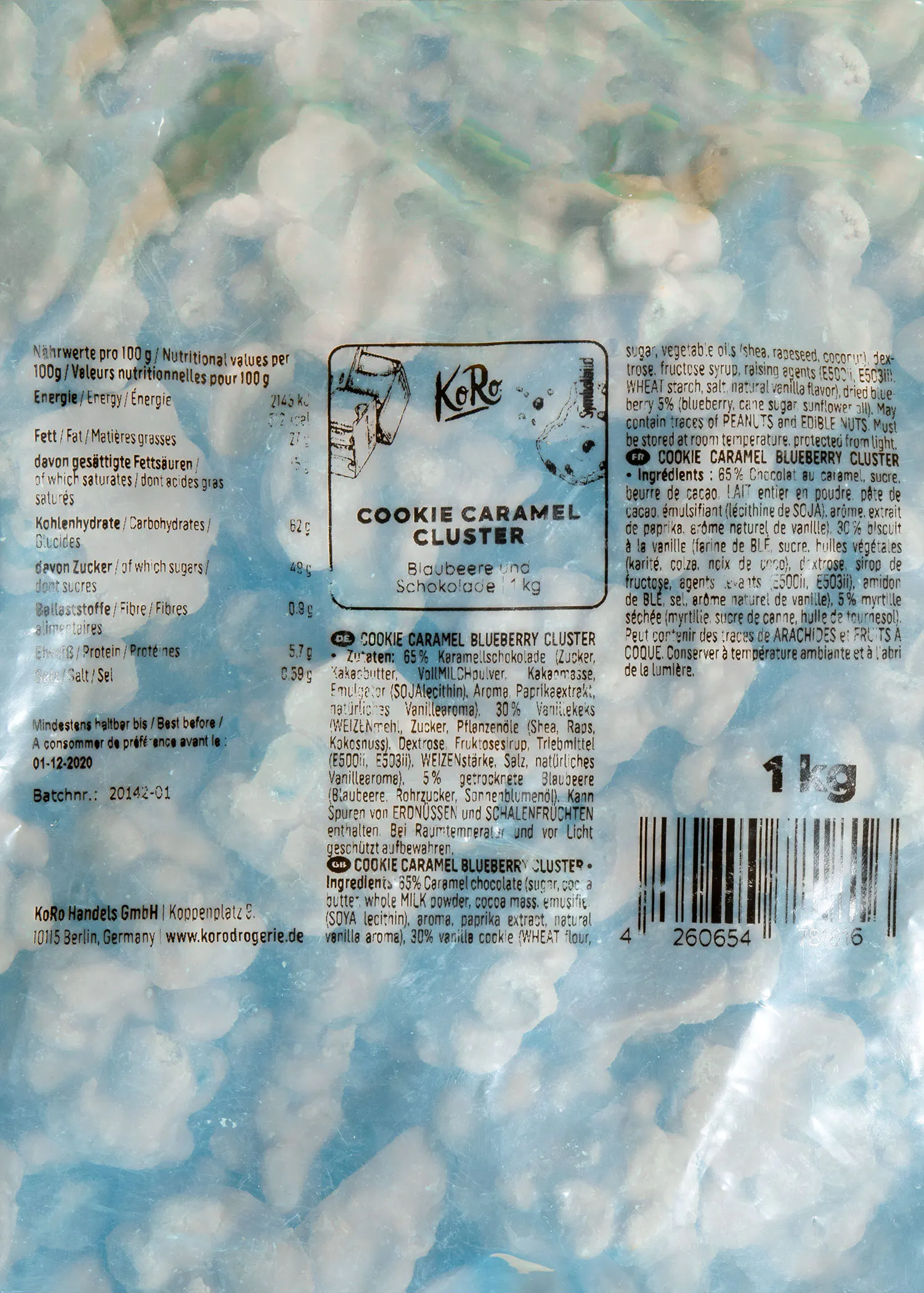 a package of cookie caramel blueberry cluster contains 1 kg