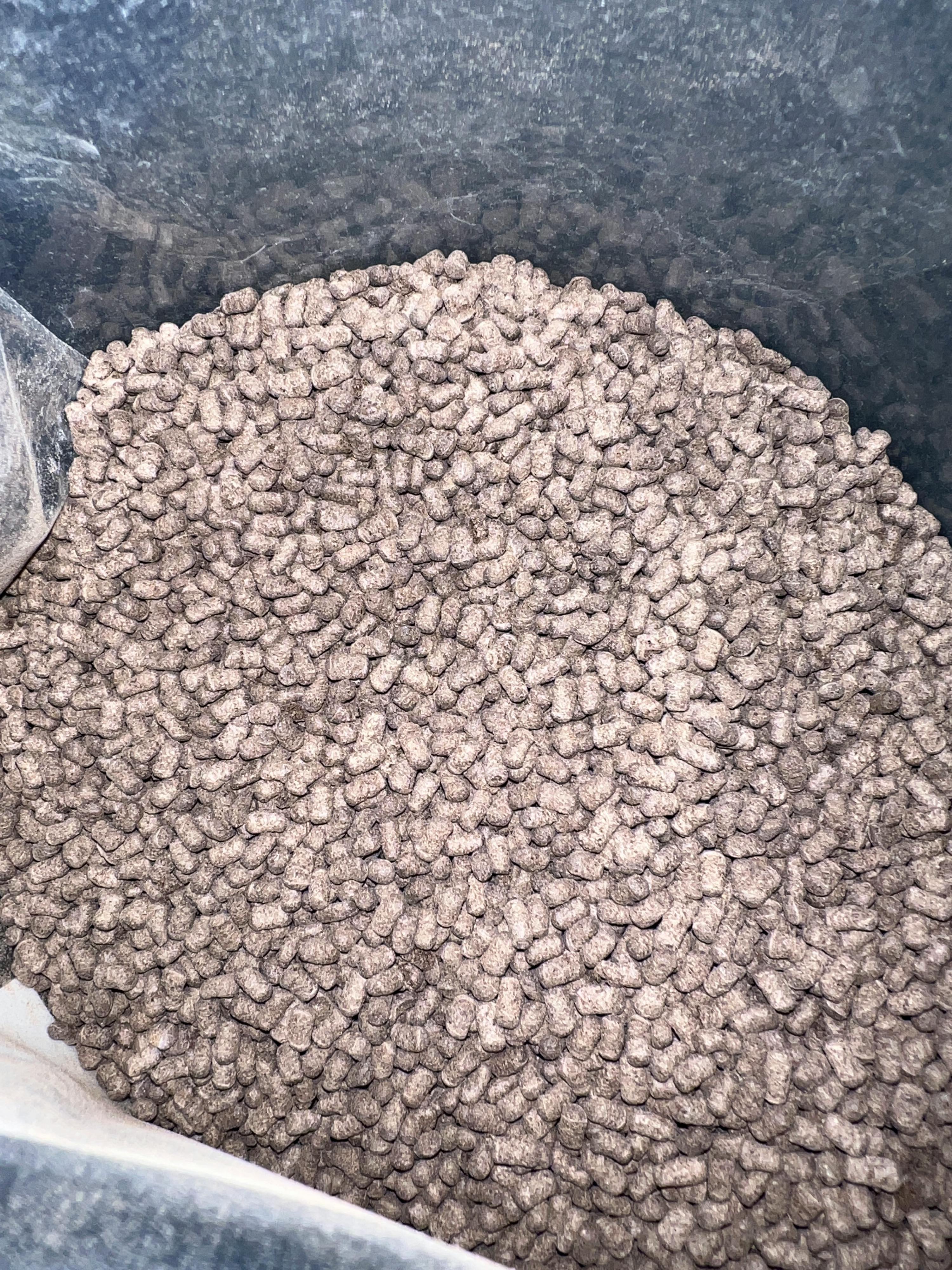 ein schwarzer Plastikbehälter mit einem Haufen grauer Flocken