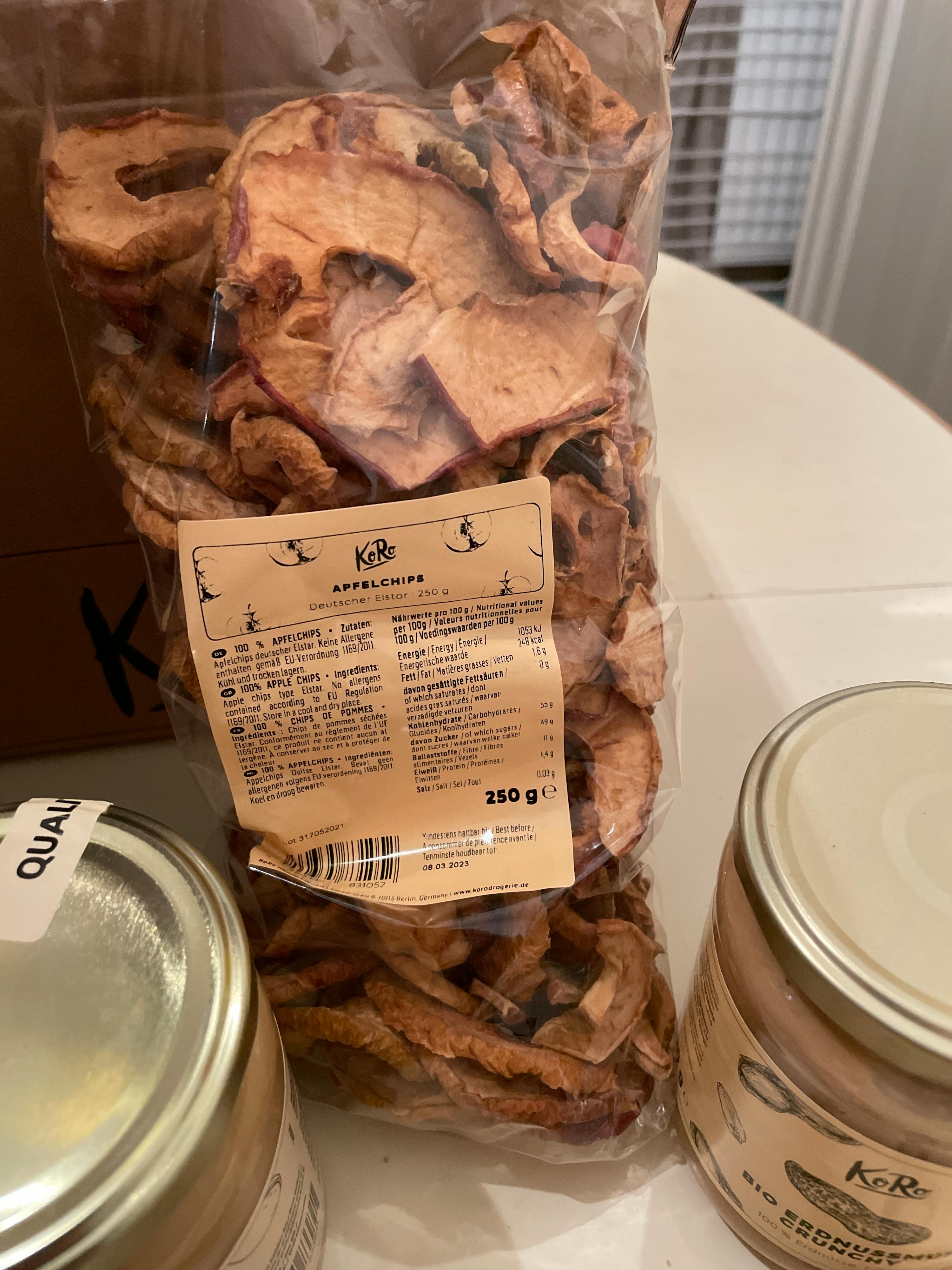 a bag of dried apples with a label that says k & b