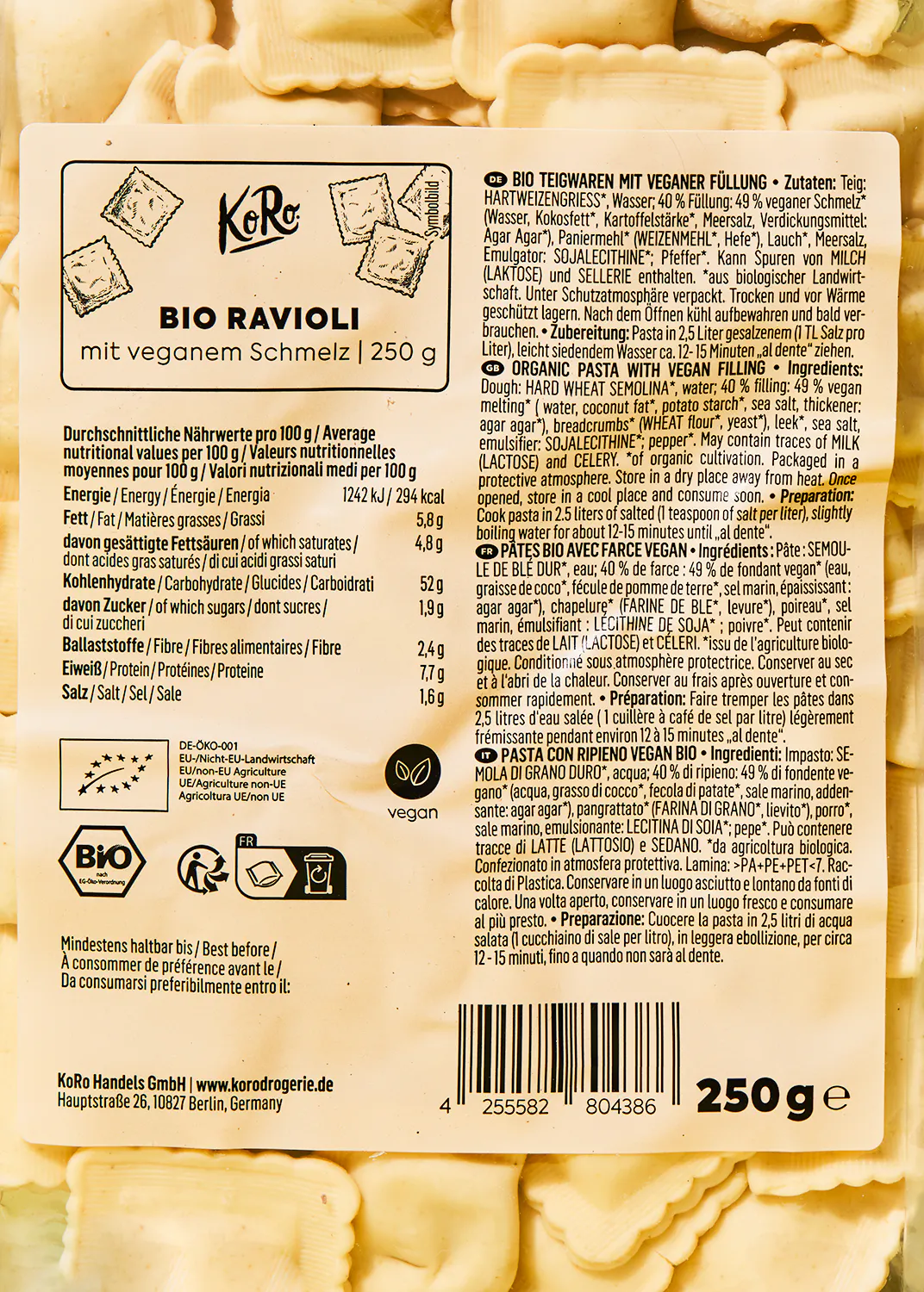 the back of a package of bio ravioli with veganem schmelz