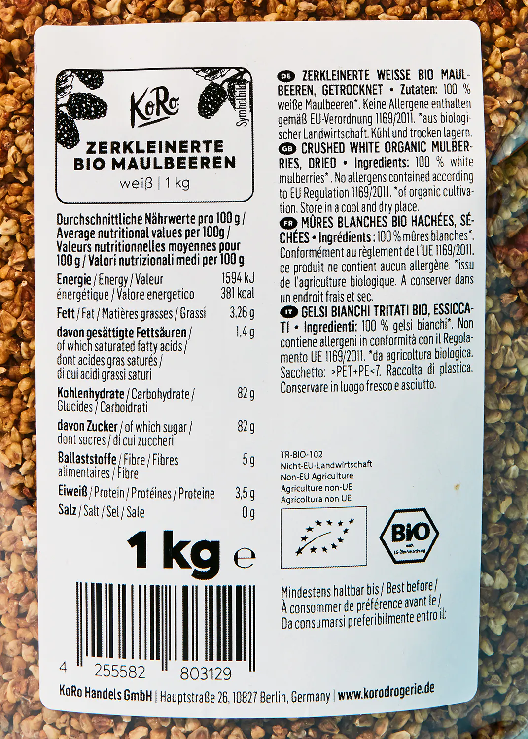 the back of a package of zerkleinerte bio maulbeeren