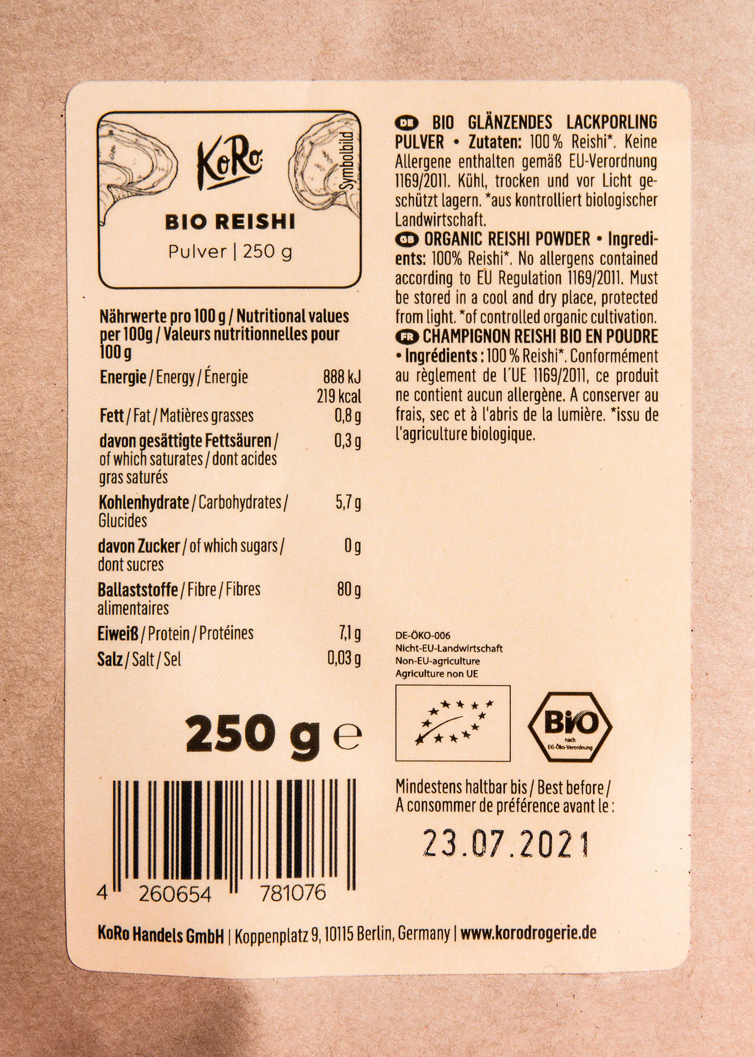 l' étiquette d' un emballage de 250 g de reishi bio