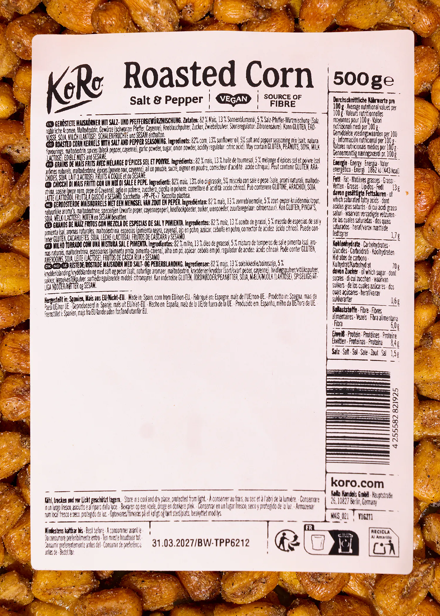 Grains de maïs grillés au sel et au poivre | 500 g