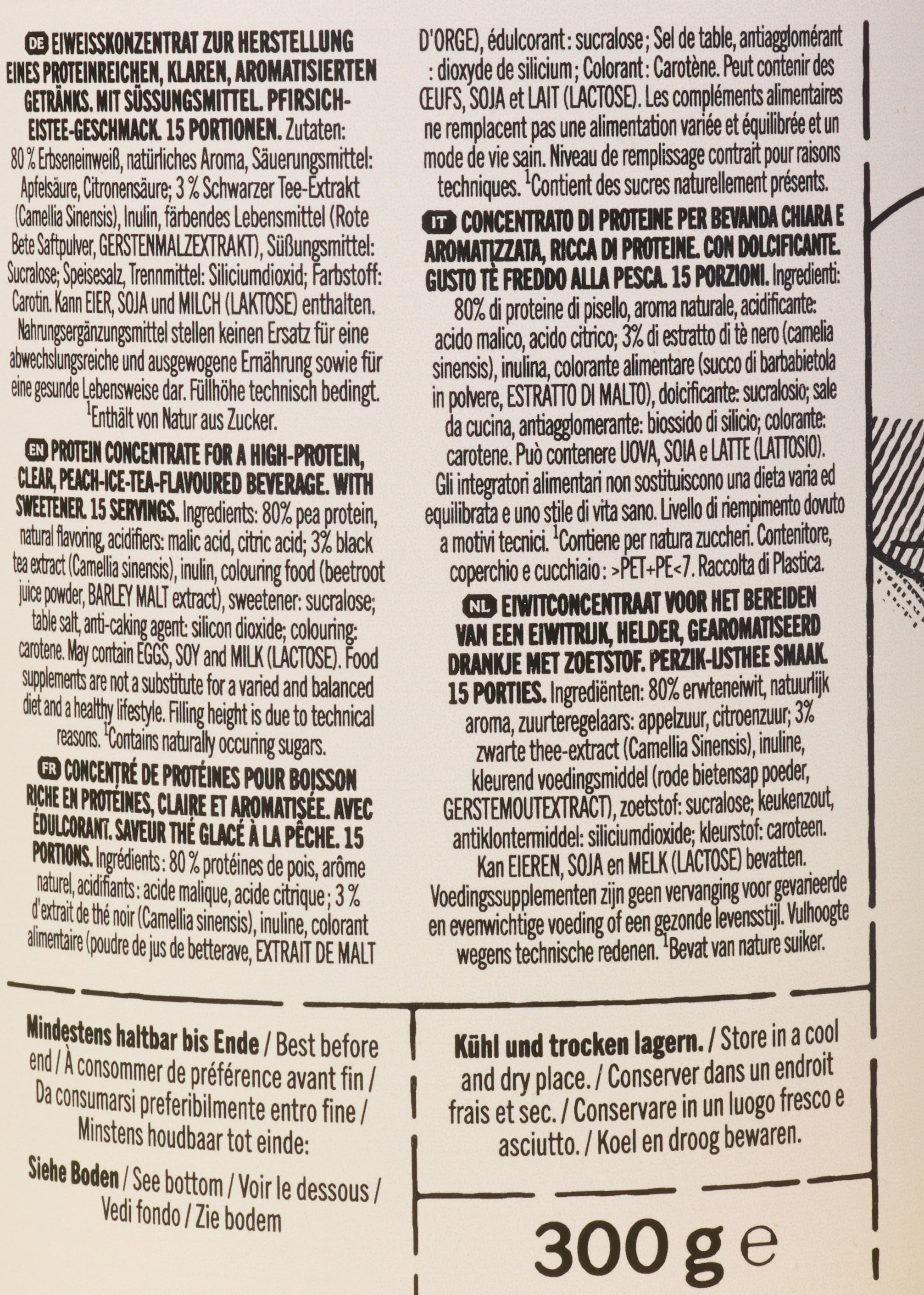 a product label for a 300g peach-ice-tea-flavored protein concentrate, with ingredients and instructions in multiple languages.