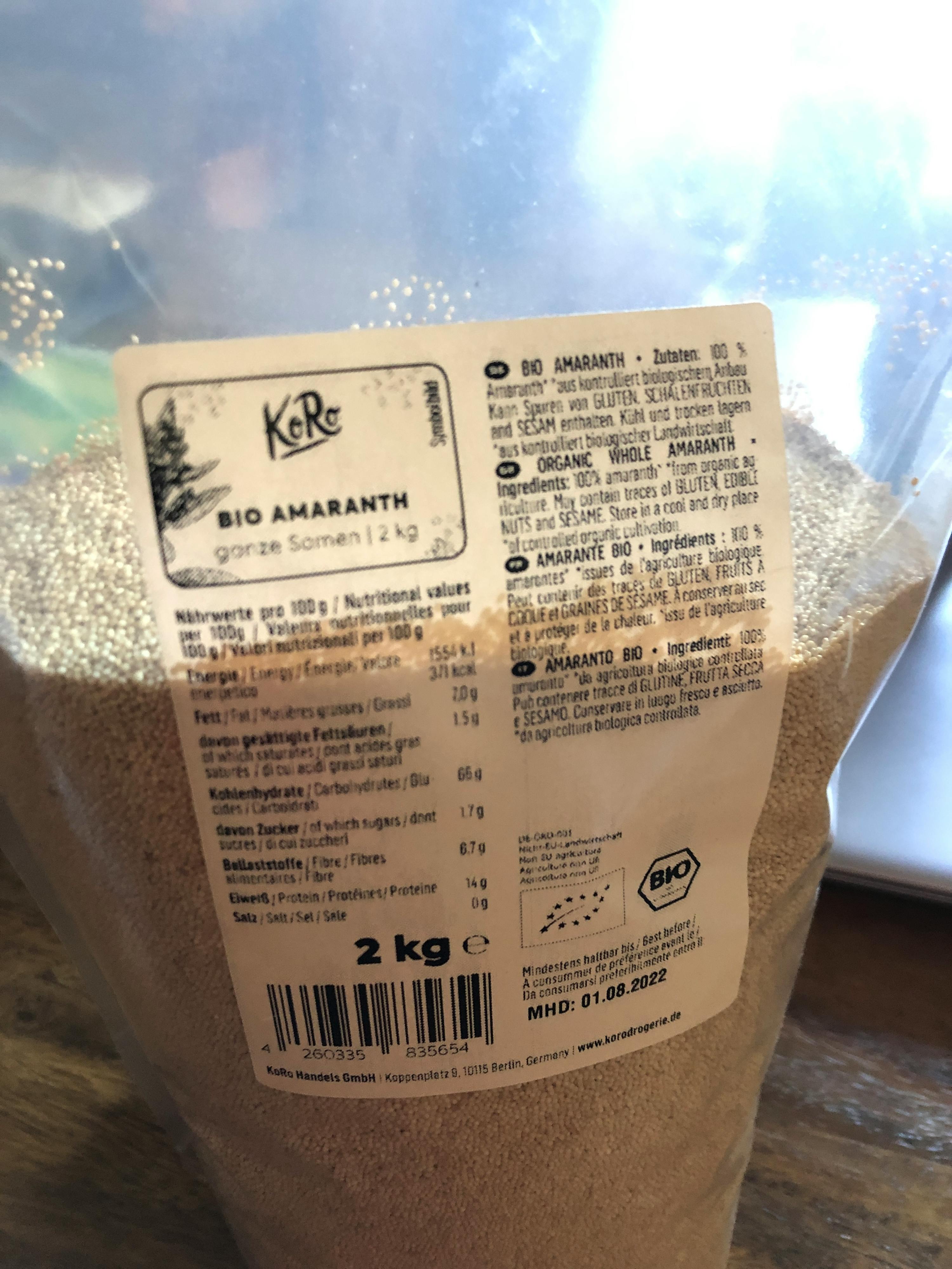 eine Nahaufnahme der Rückseite eines Bio-Amaranth-Beutels