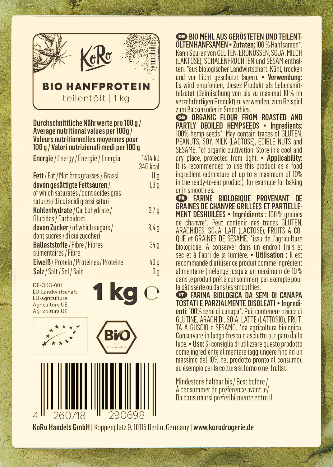 the back of a 1 kg container of bio hanfprotein