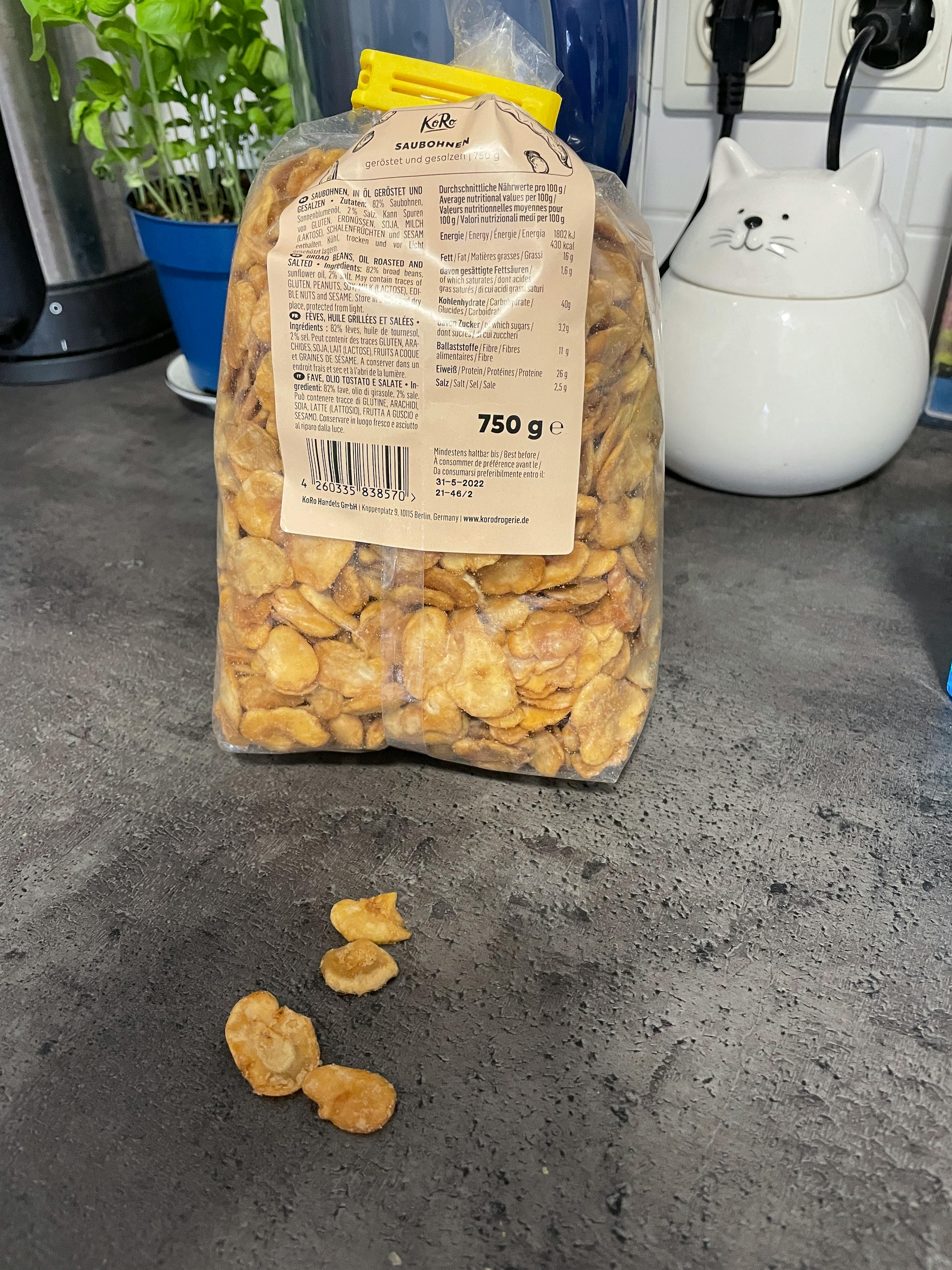 a bag of fried beans sits on a kitchen counter