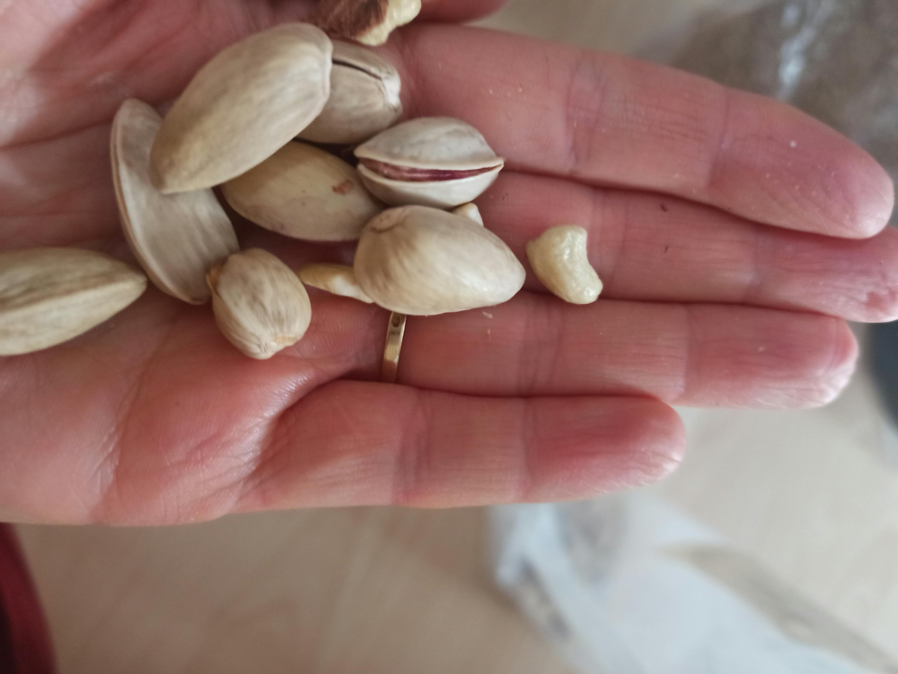a person holding a handful of pistachios in their hand