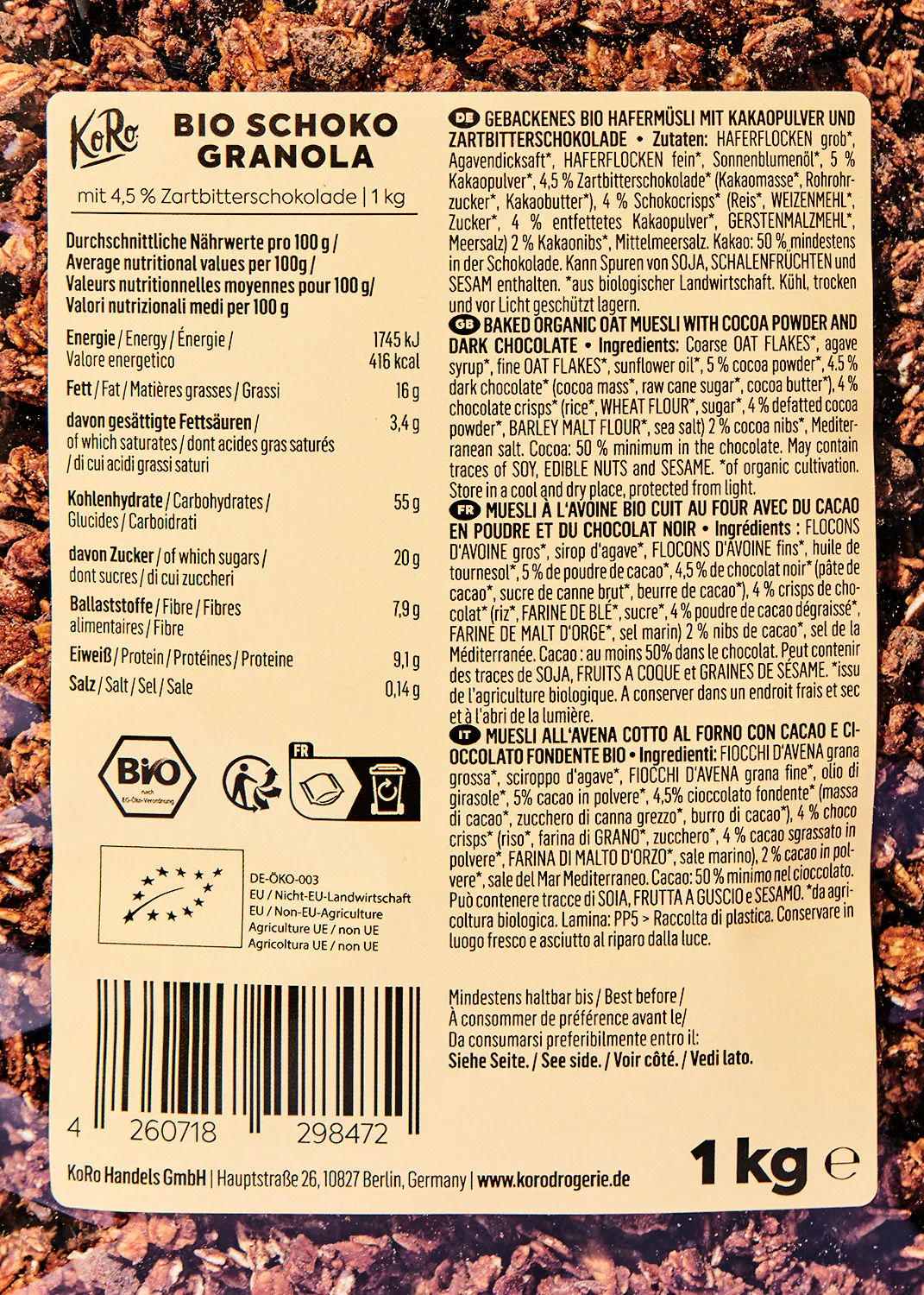 l' arrière d' une boîte de granola bio de 1 kg
