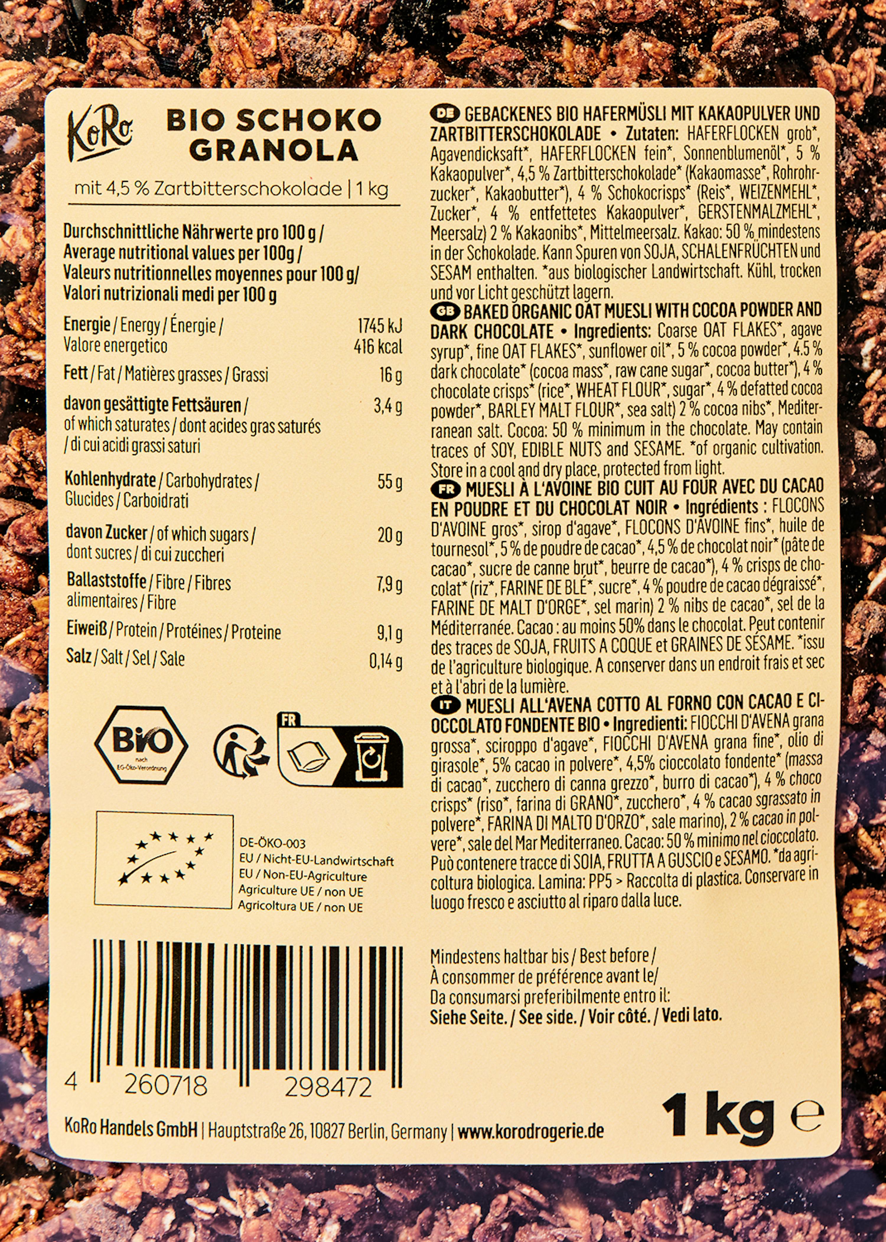 die verpackung eines bio schoko granola-Produkts