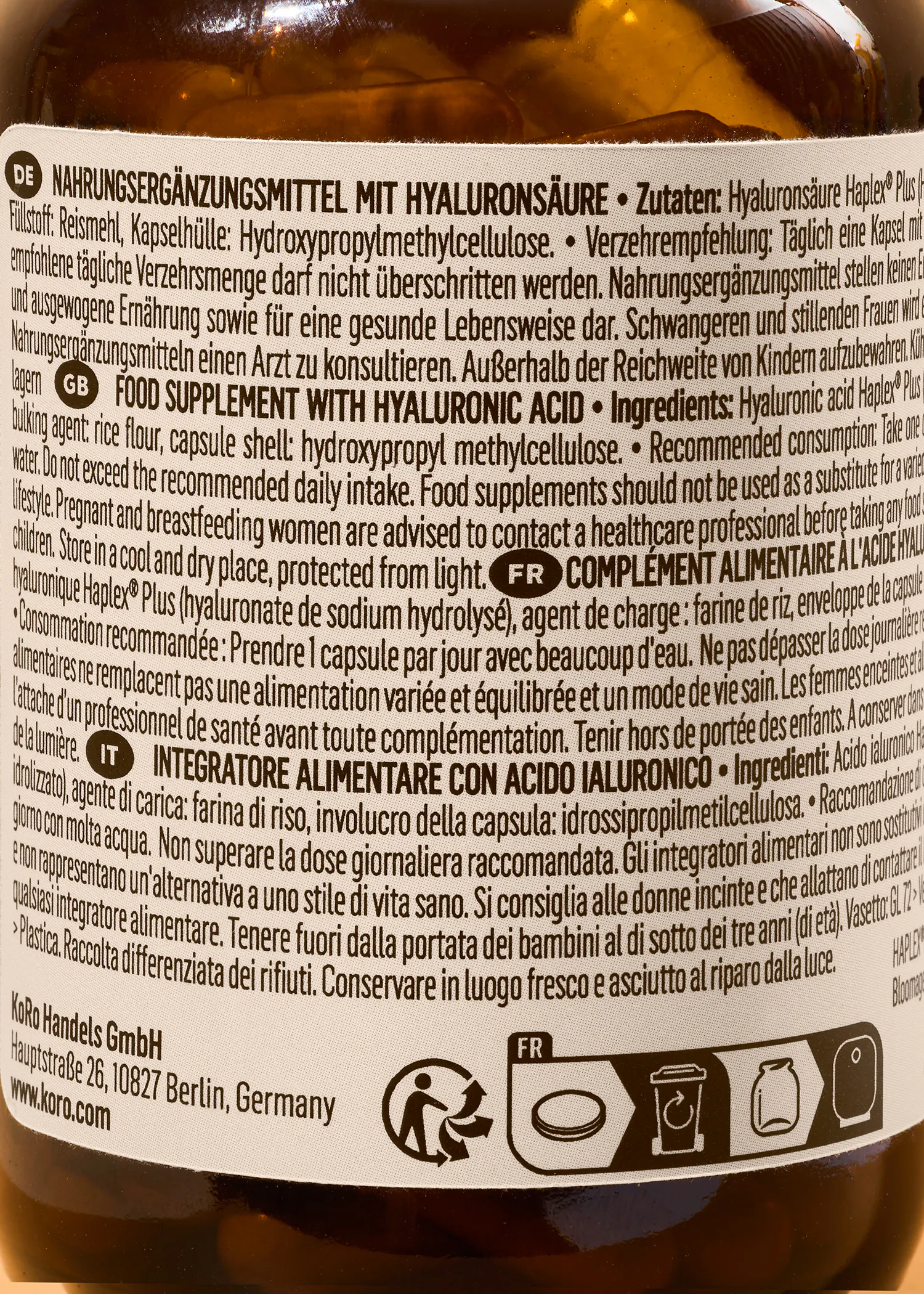 a bottle of food supplement with hyaluronic acid
