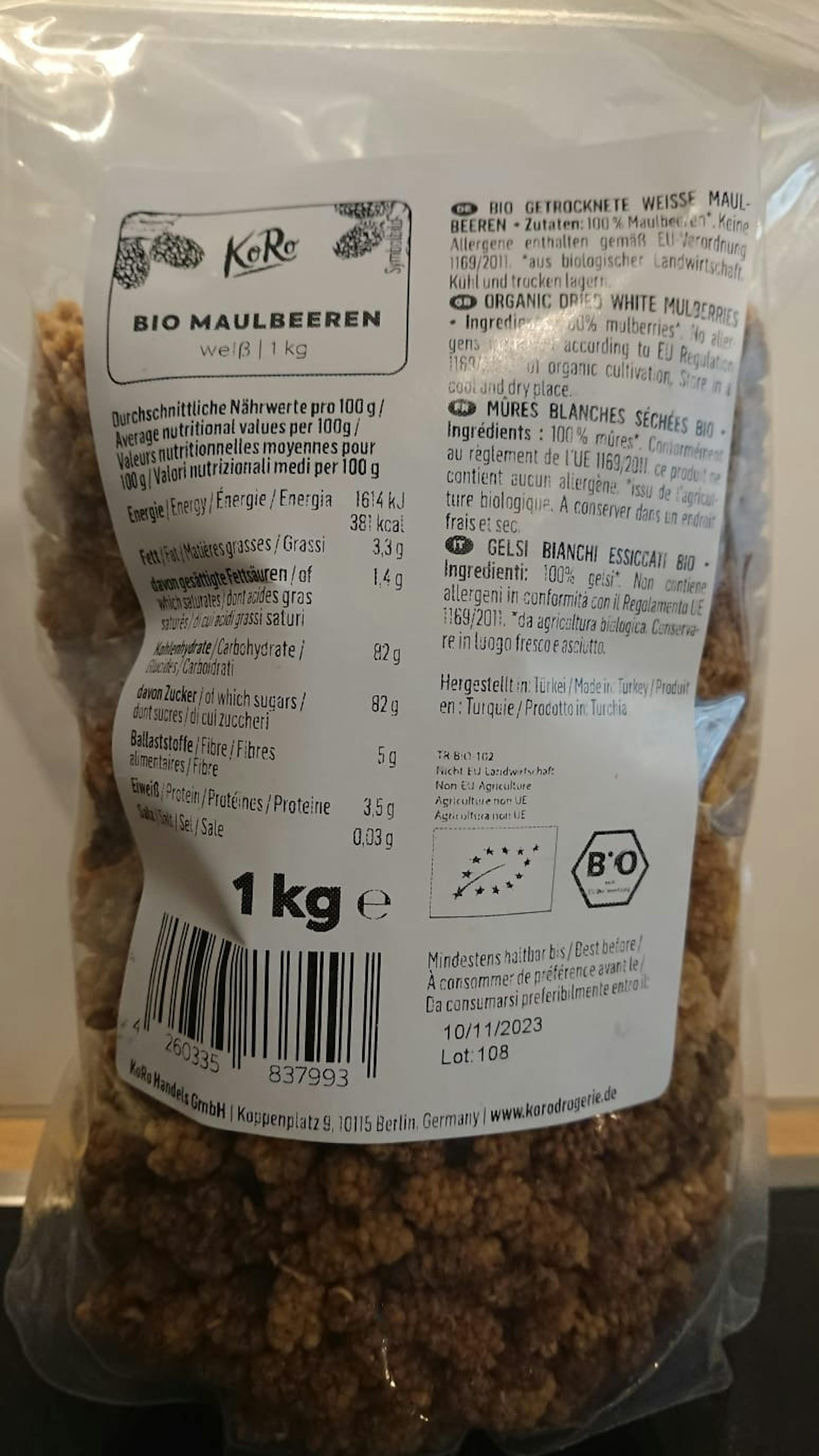 l' etichetta di un sacchetto di mirtilli bio è in lingua tedesca