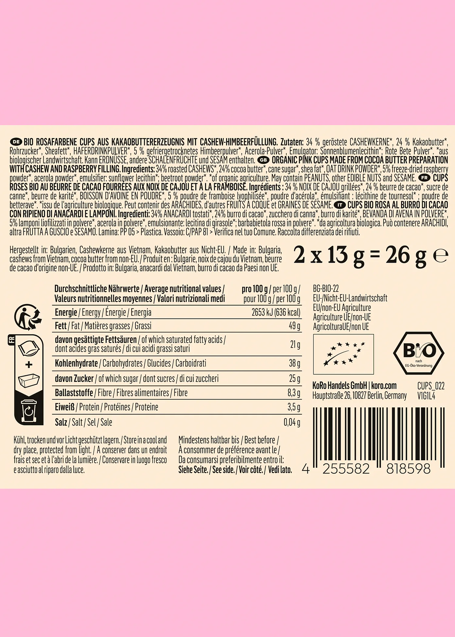 Organic double raspberry nut butter cups 12 x 2 x 13g