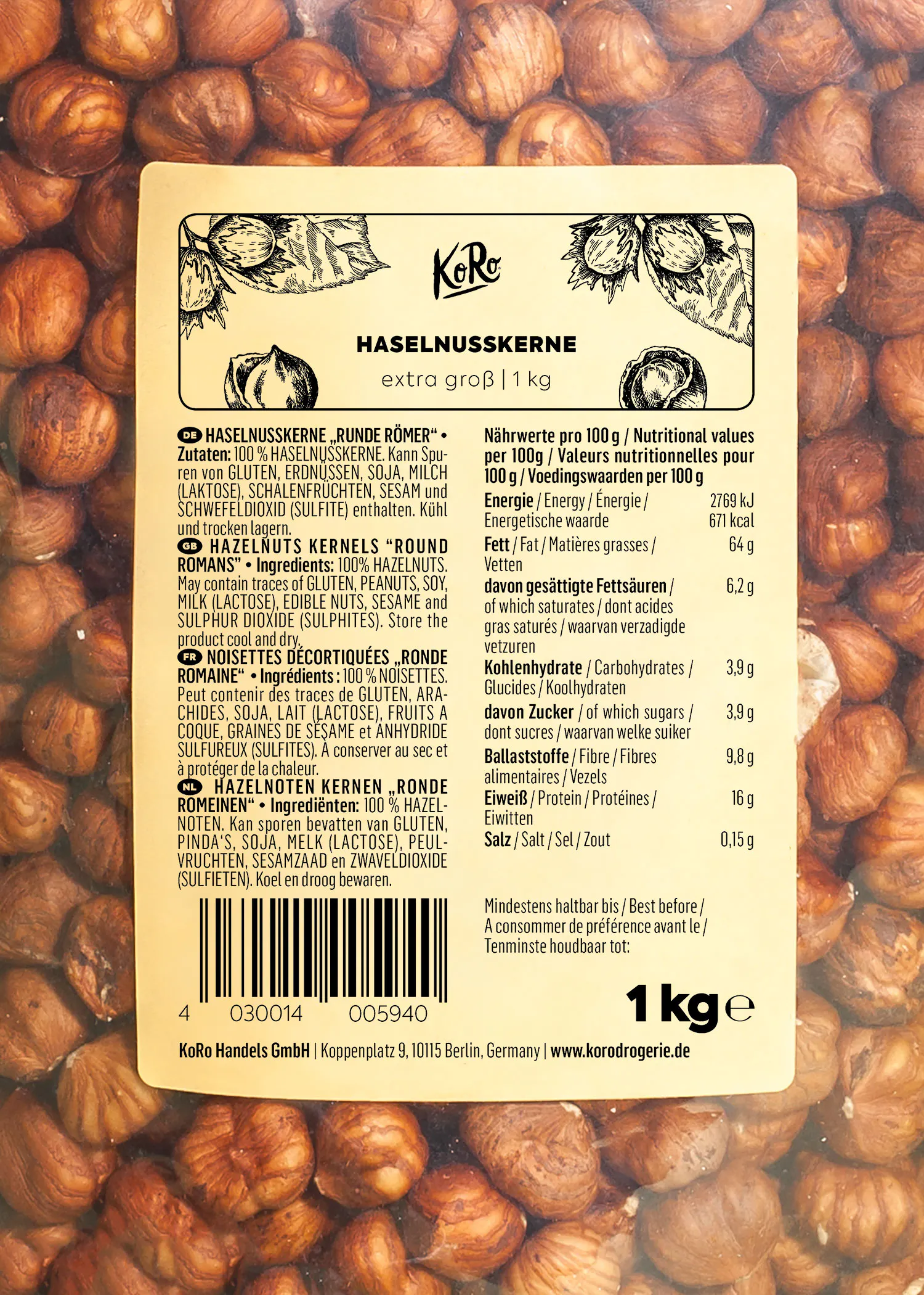 eine Packung Haselnüsse mit einem Etikett auf der Rückseite