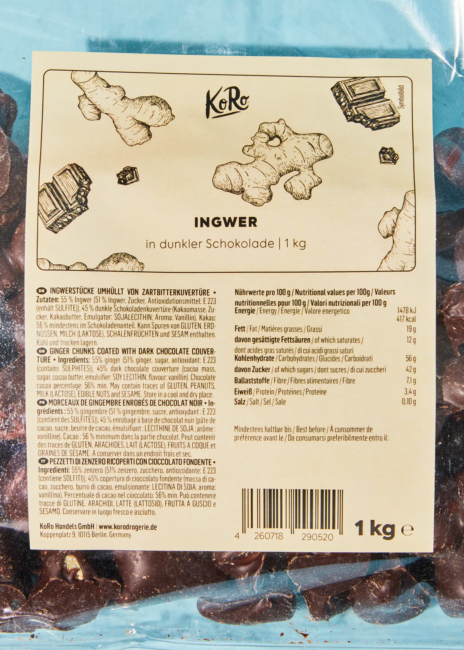 l' arrière d' un sac de chocolat noir avec des morceaux de gingembre dessus