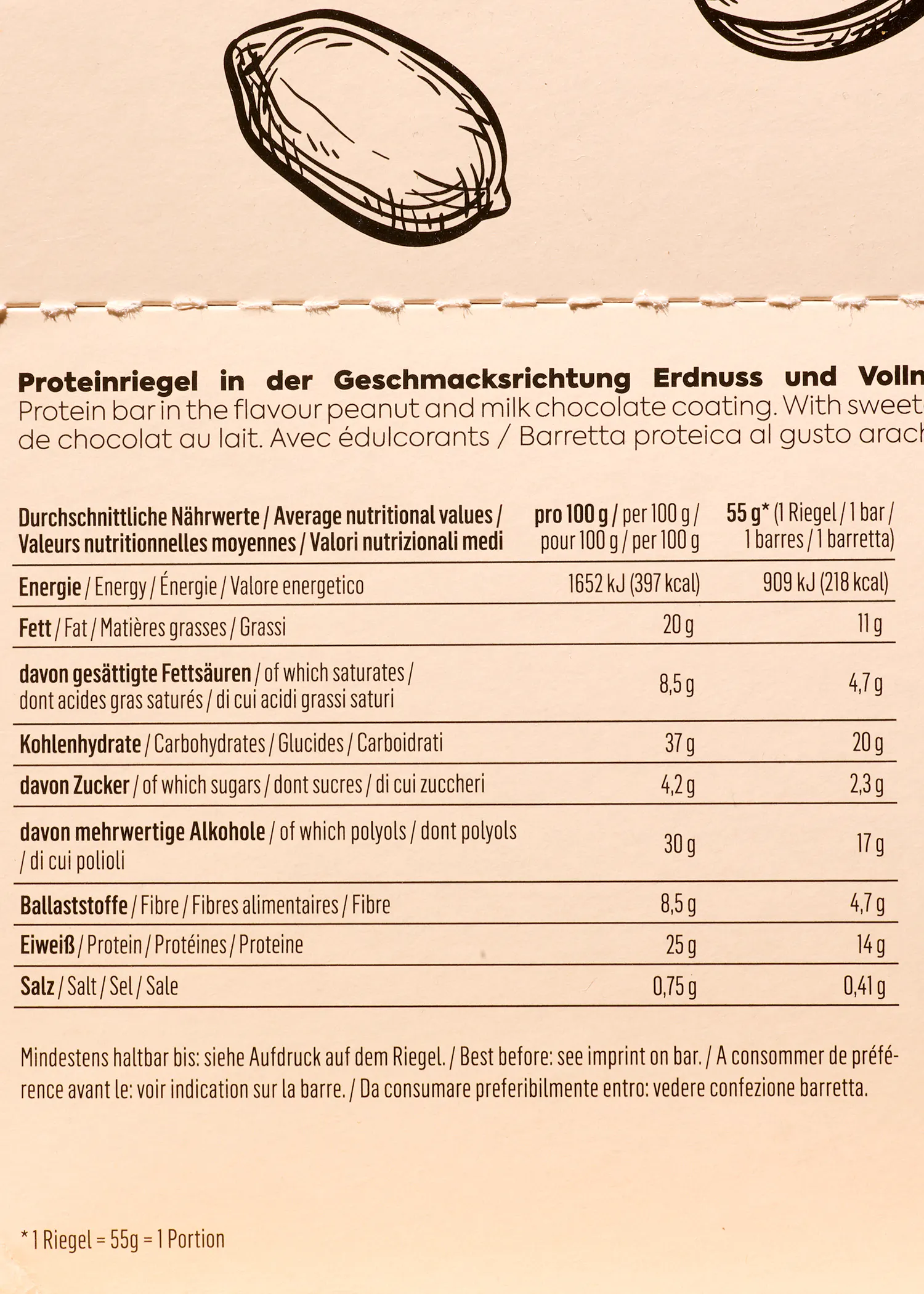 eine Packung Erdnuss- und Milchschokolade mit einer Nährwerttabelle