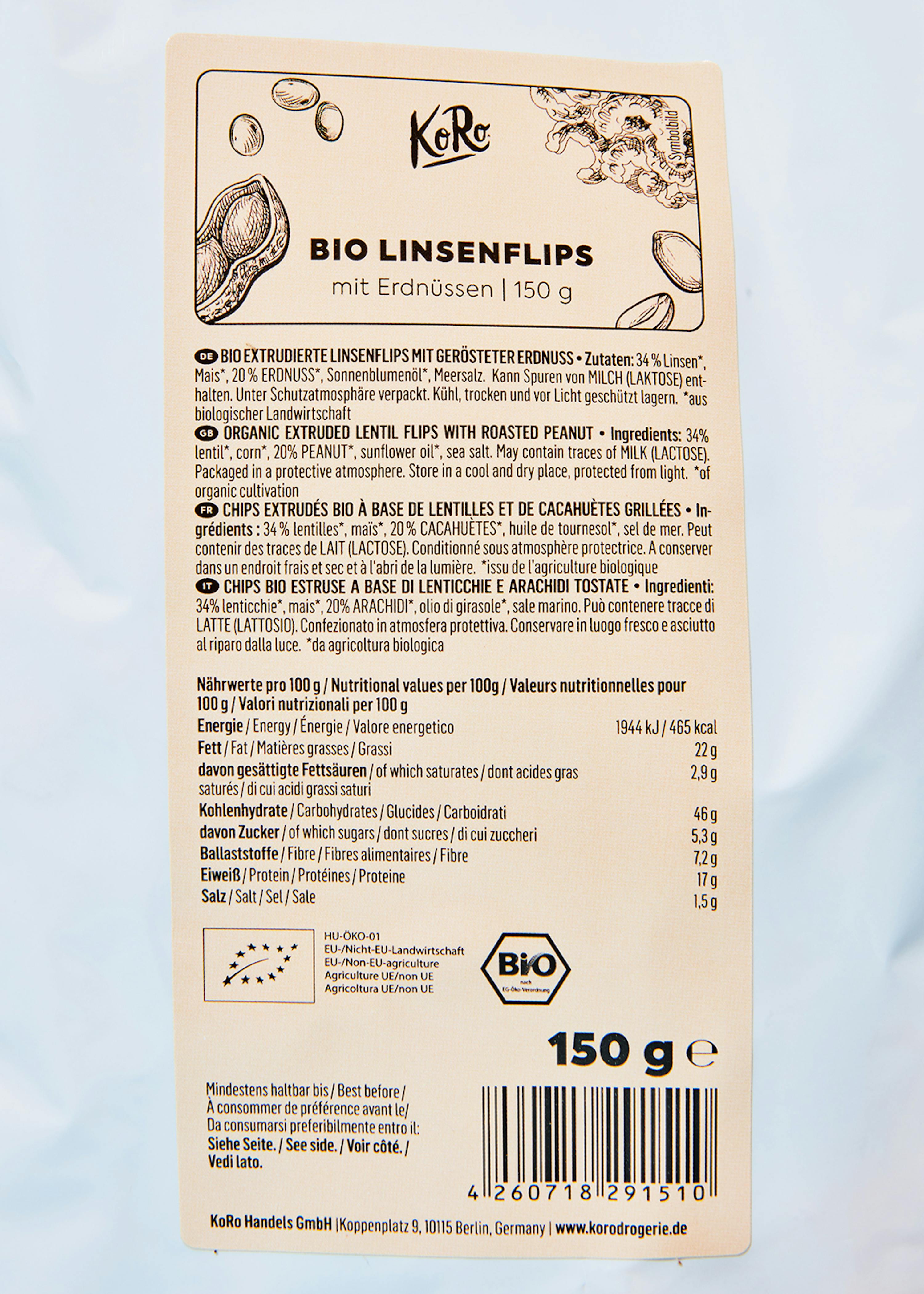 a package of bio linsenflips with roasted peanuts
