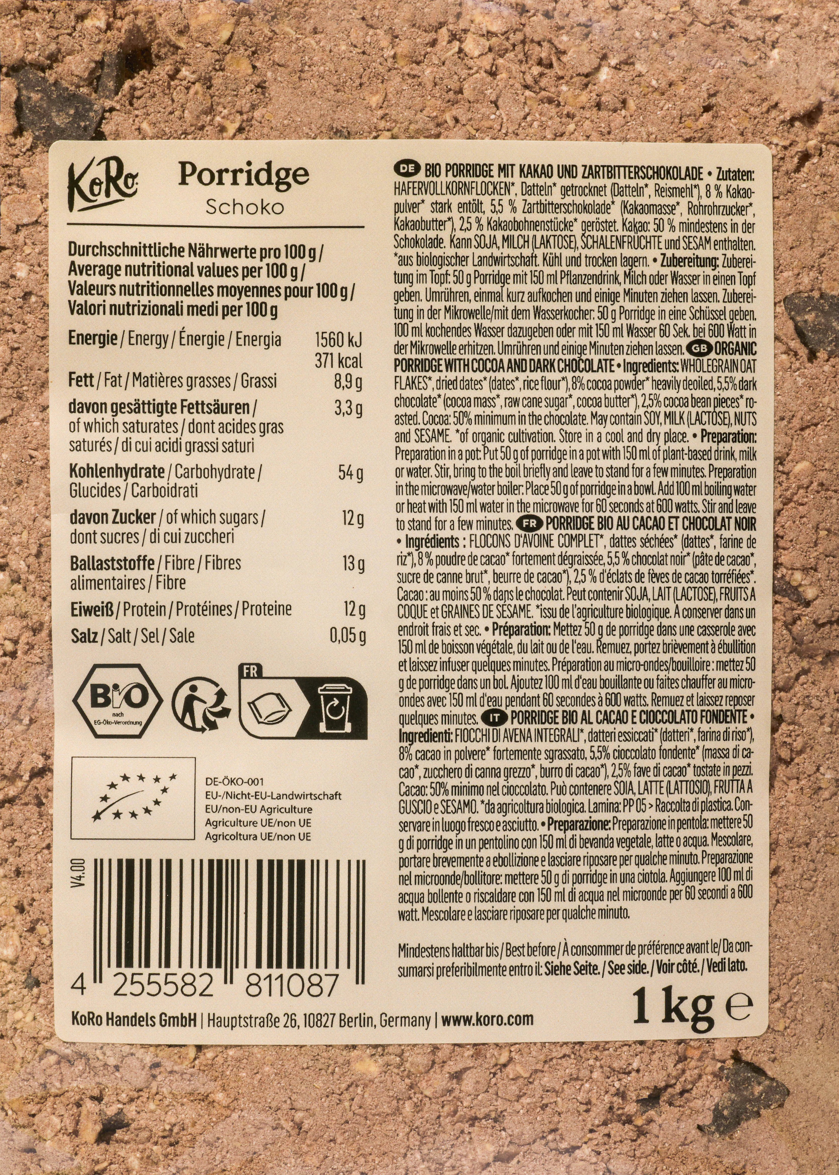 die Rückseite einer 1kg-Box von porridge mit kakao und zartbitterschokolade