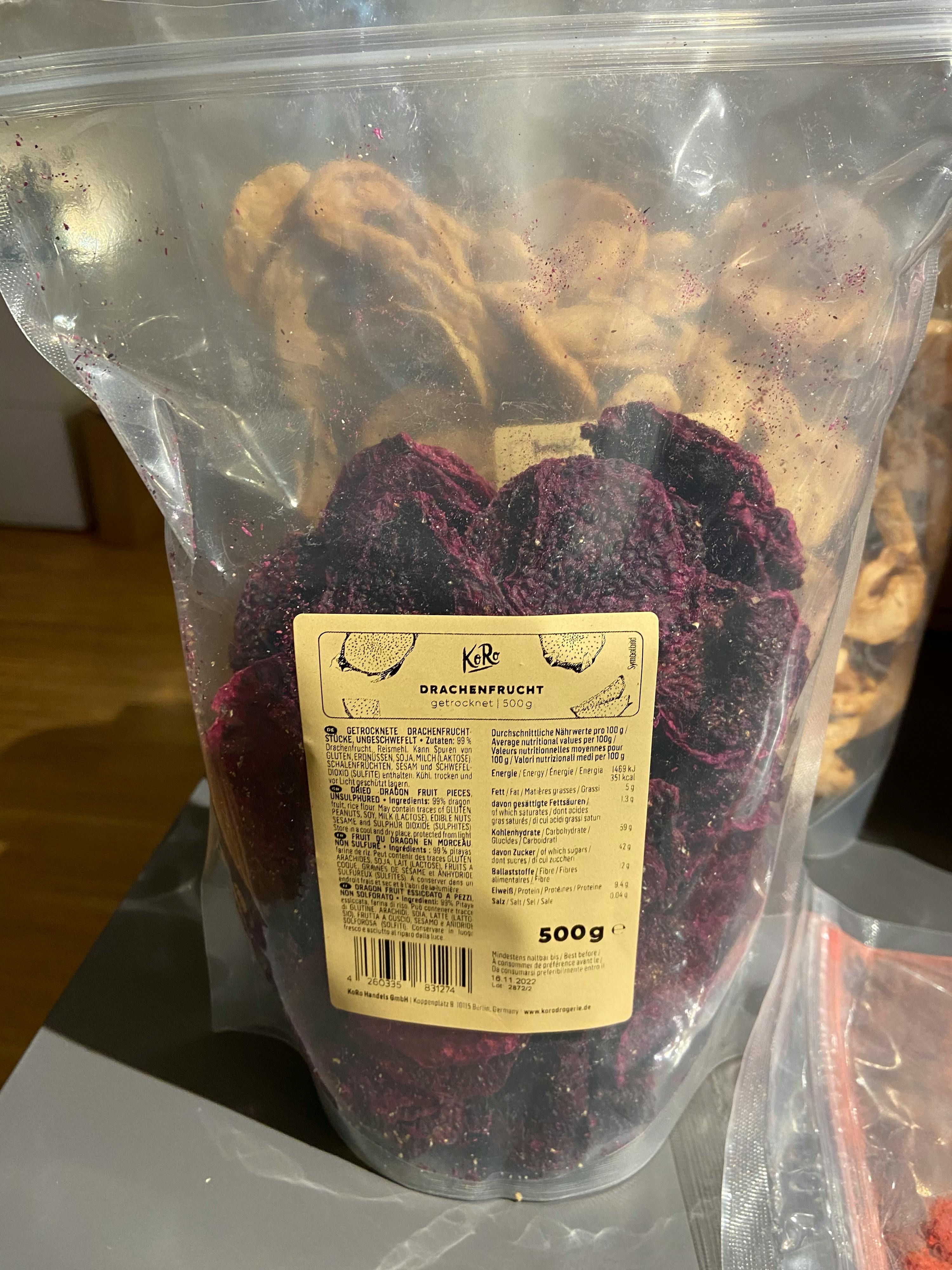 a bag of dried dragon fruit sits on a counter