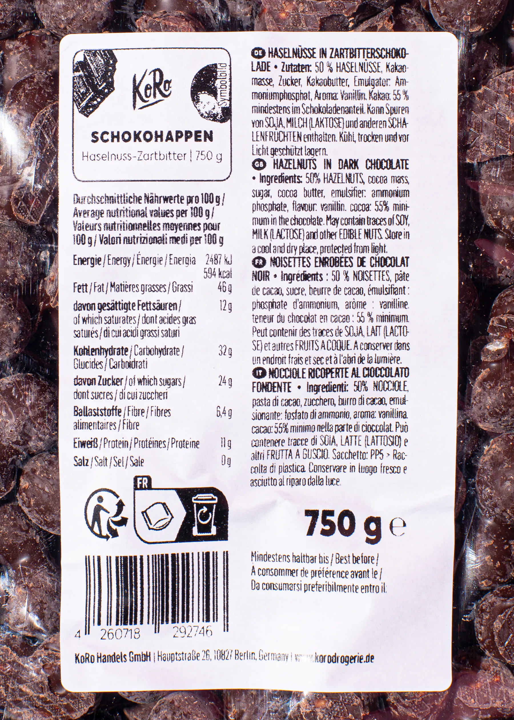 l' arrière de l' emballage d' un sac de noisettes au chocolat noir