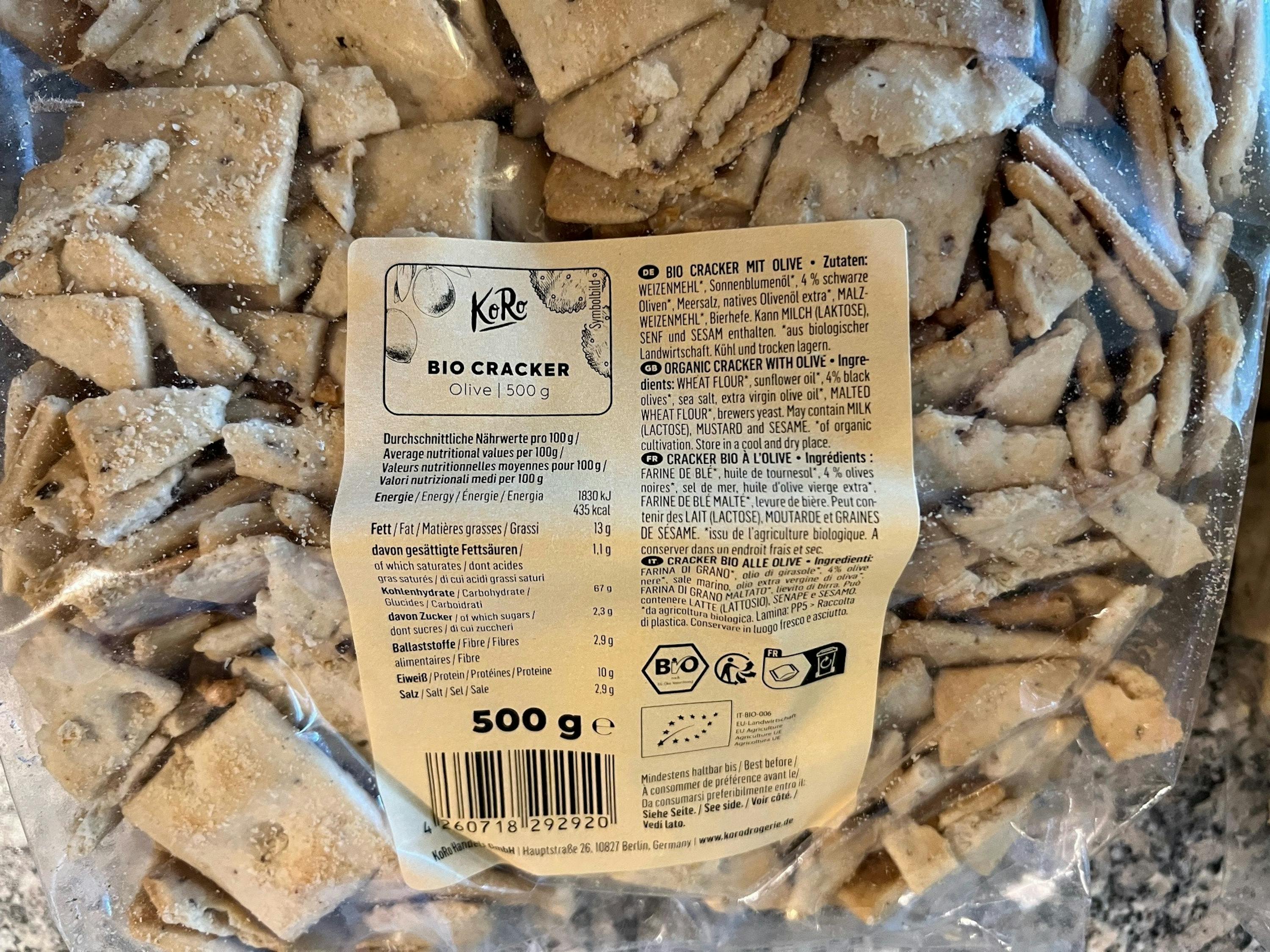 the back of a bag of bio crackers shows the nutrition facts