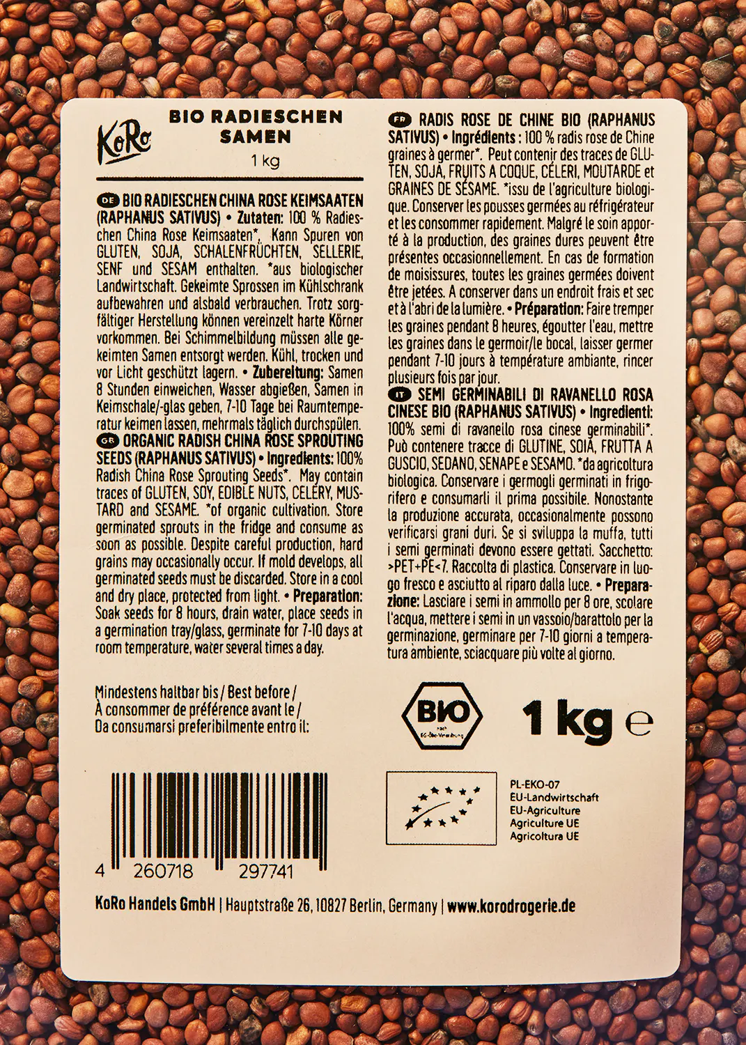 the back of a 1 kg container of bio radishes