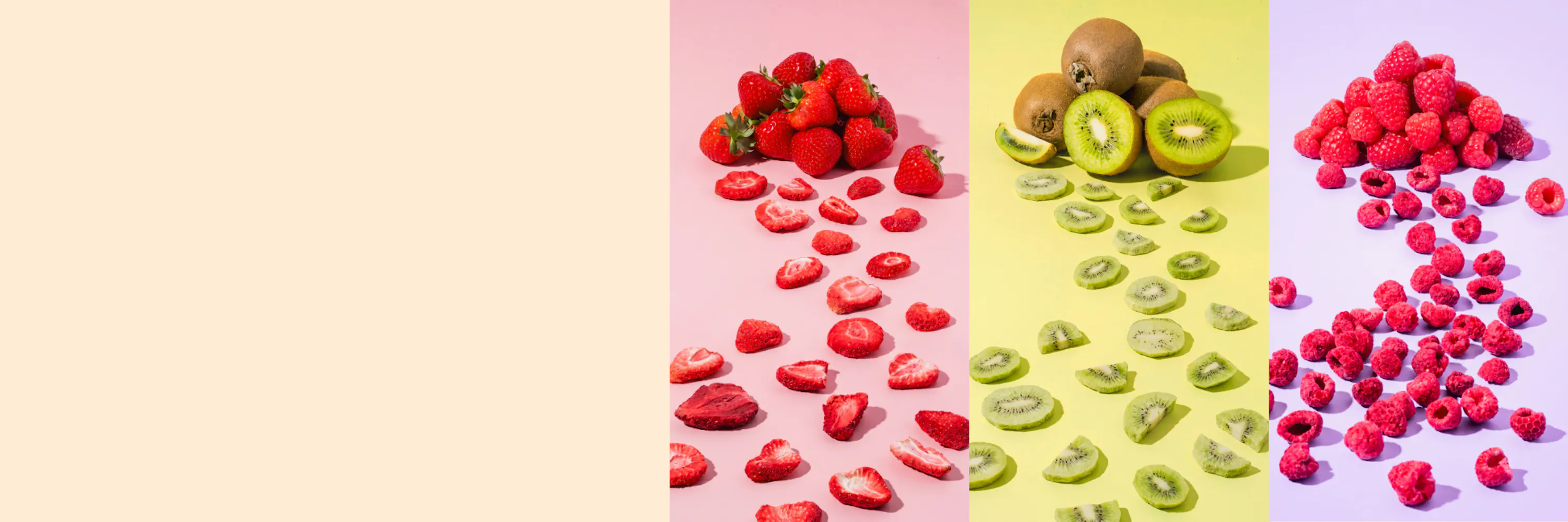 ein bild, das drei vertikale abschnitte zeigt: ganze und getrocknete erdbeeren auf rosa, ganze und getrocknete kiwis auf gelb, und ganze und getrocknete himbeeren auf lila.