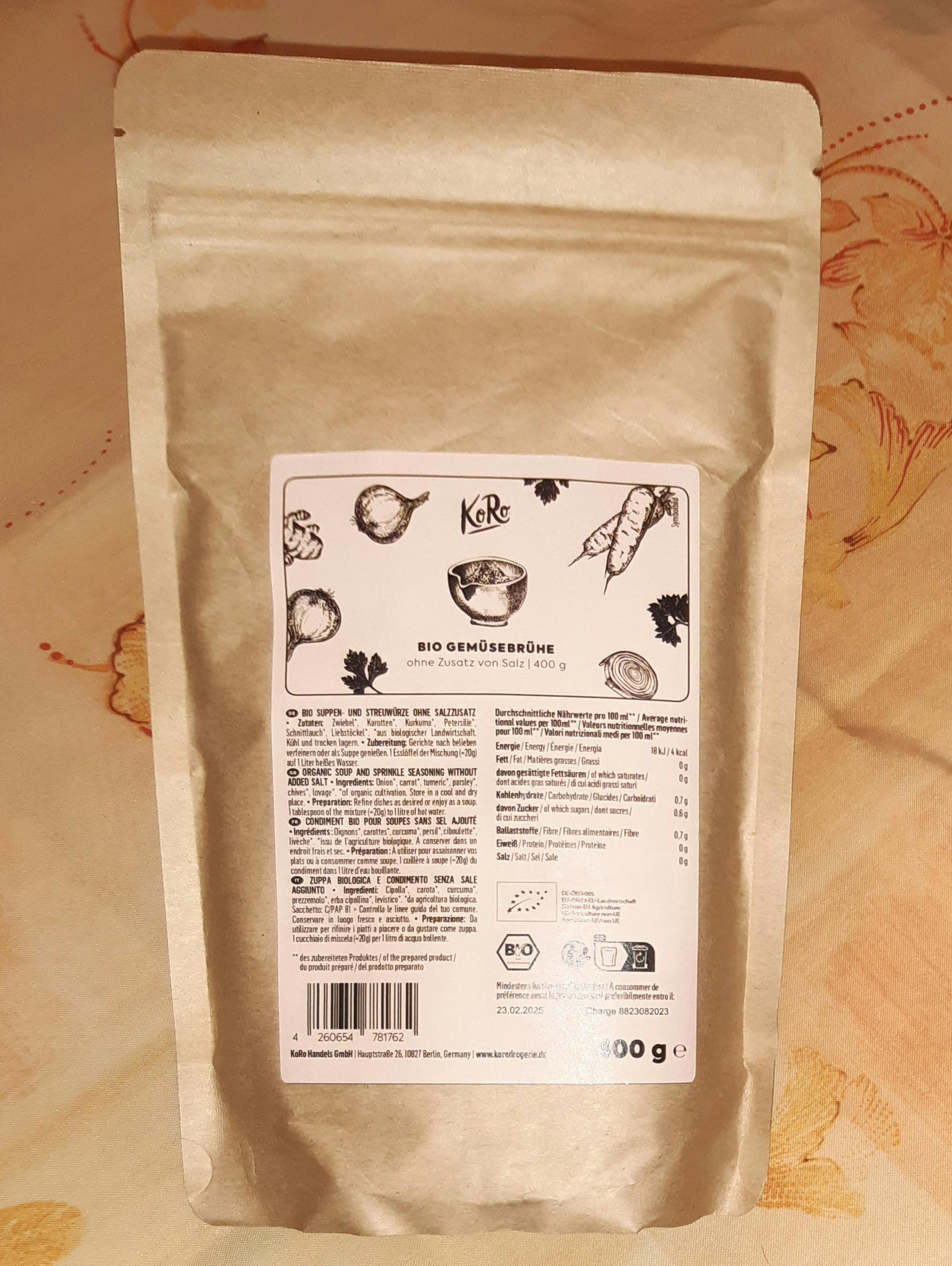 die Rückseite einer Bio-Gemüsebrühe-Tasch