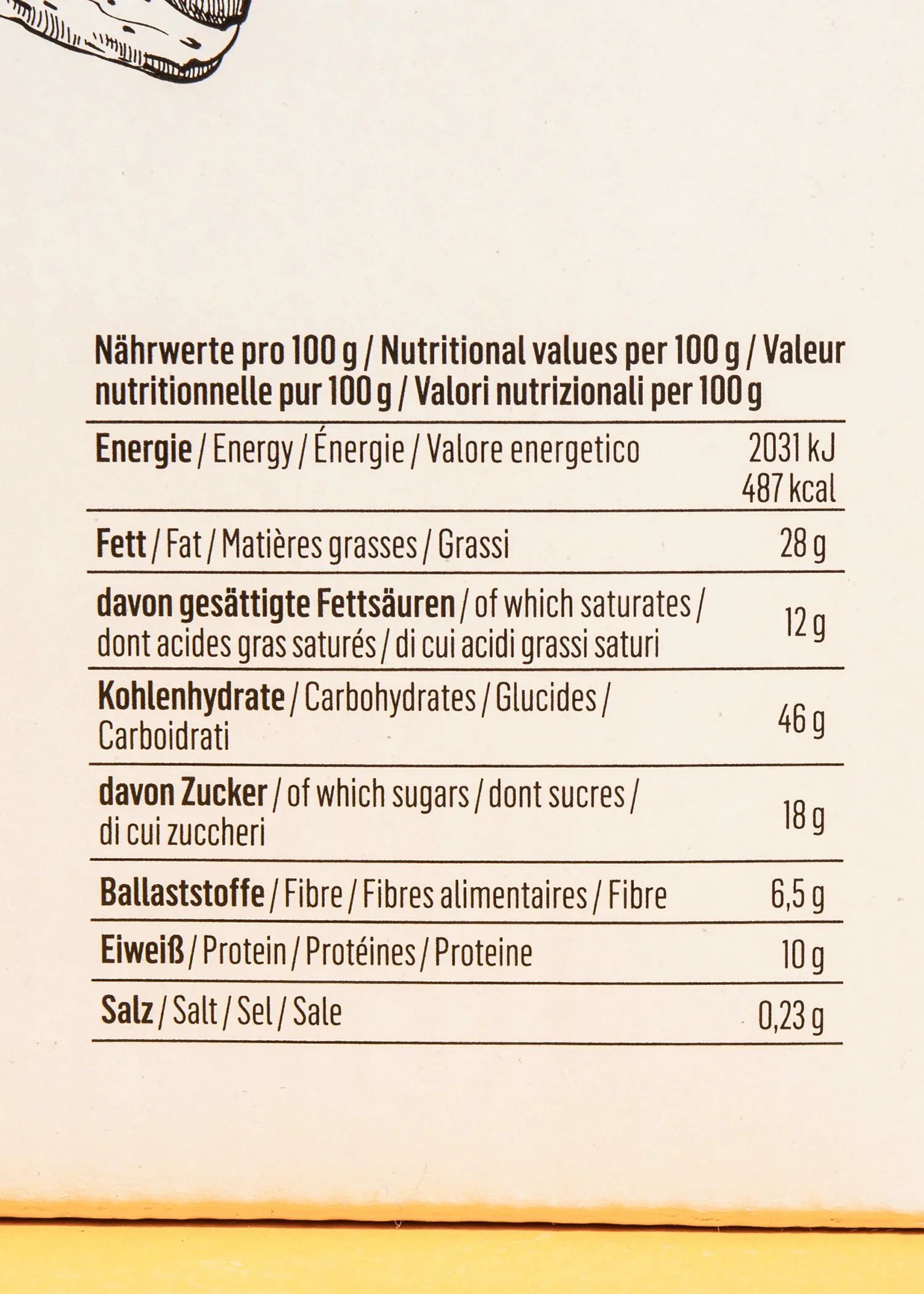 une étiquette de nourriture avec des valeurs nutritionnelles pour 100 g