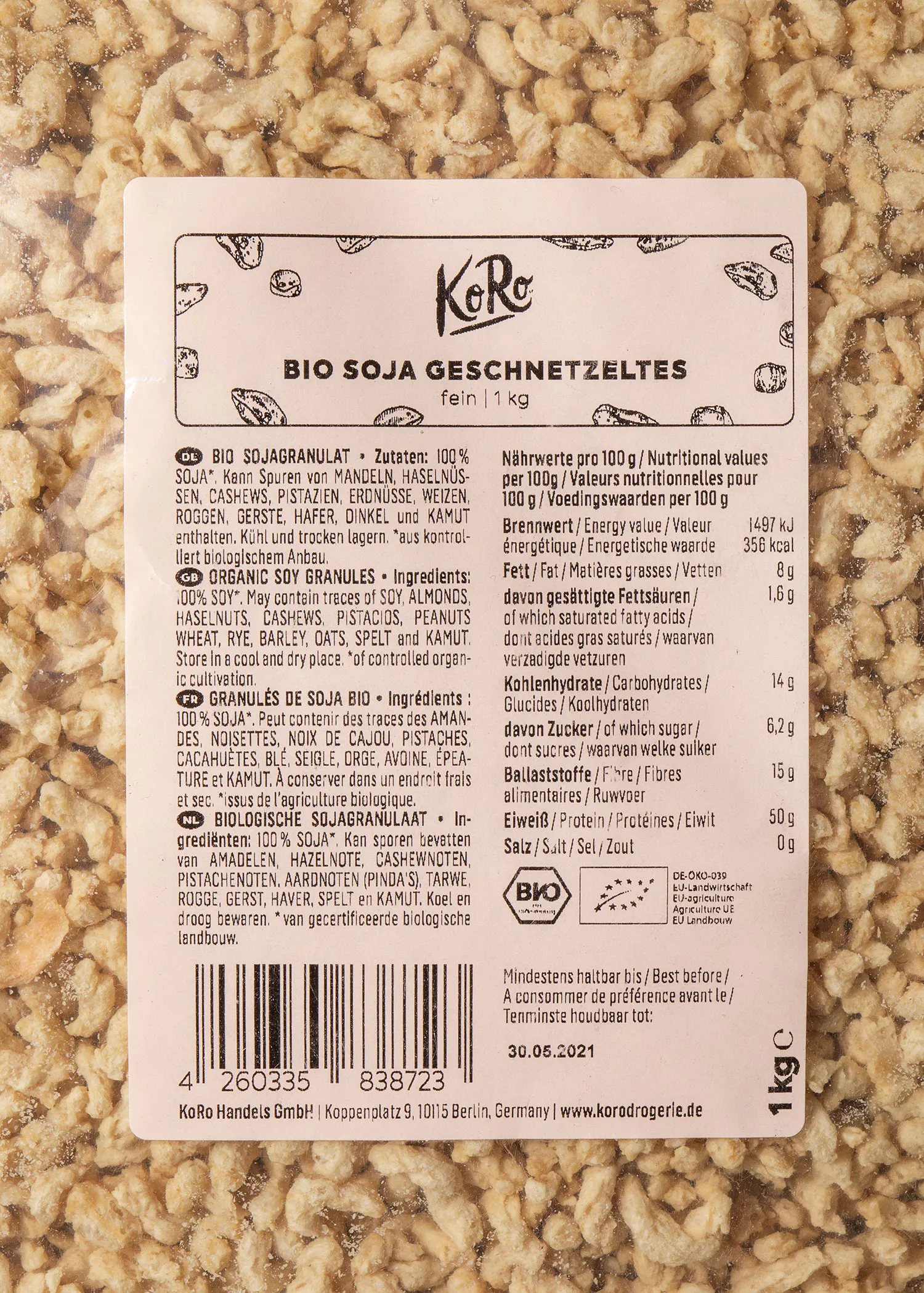 the back of a package of bio soya geschnetzeltes