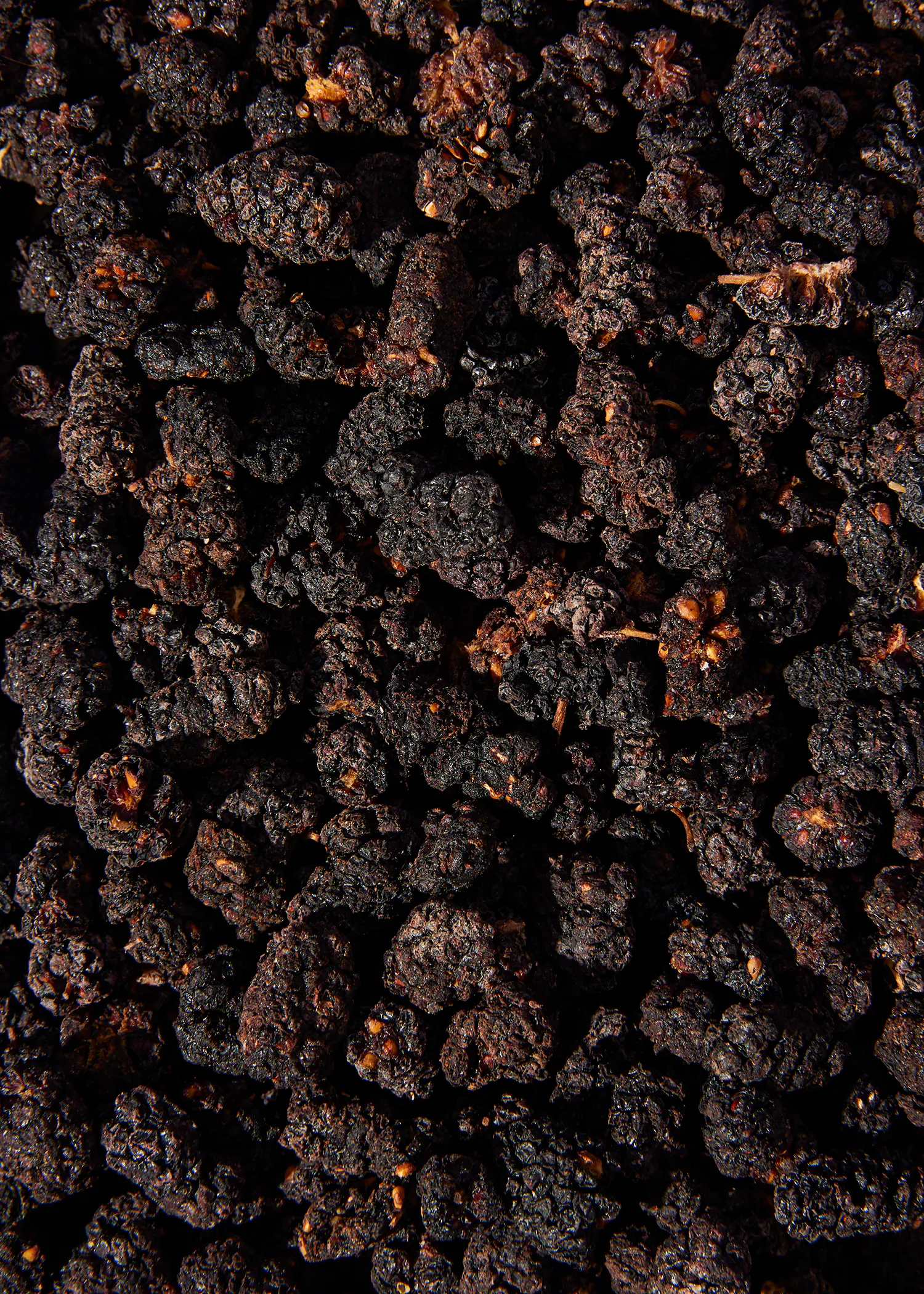 a pile of black berries with nuts on them