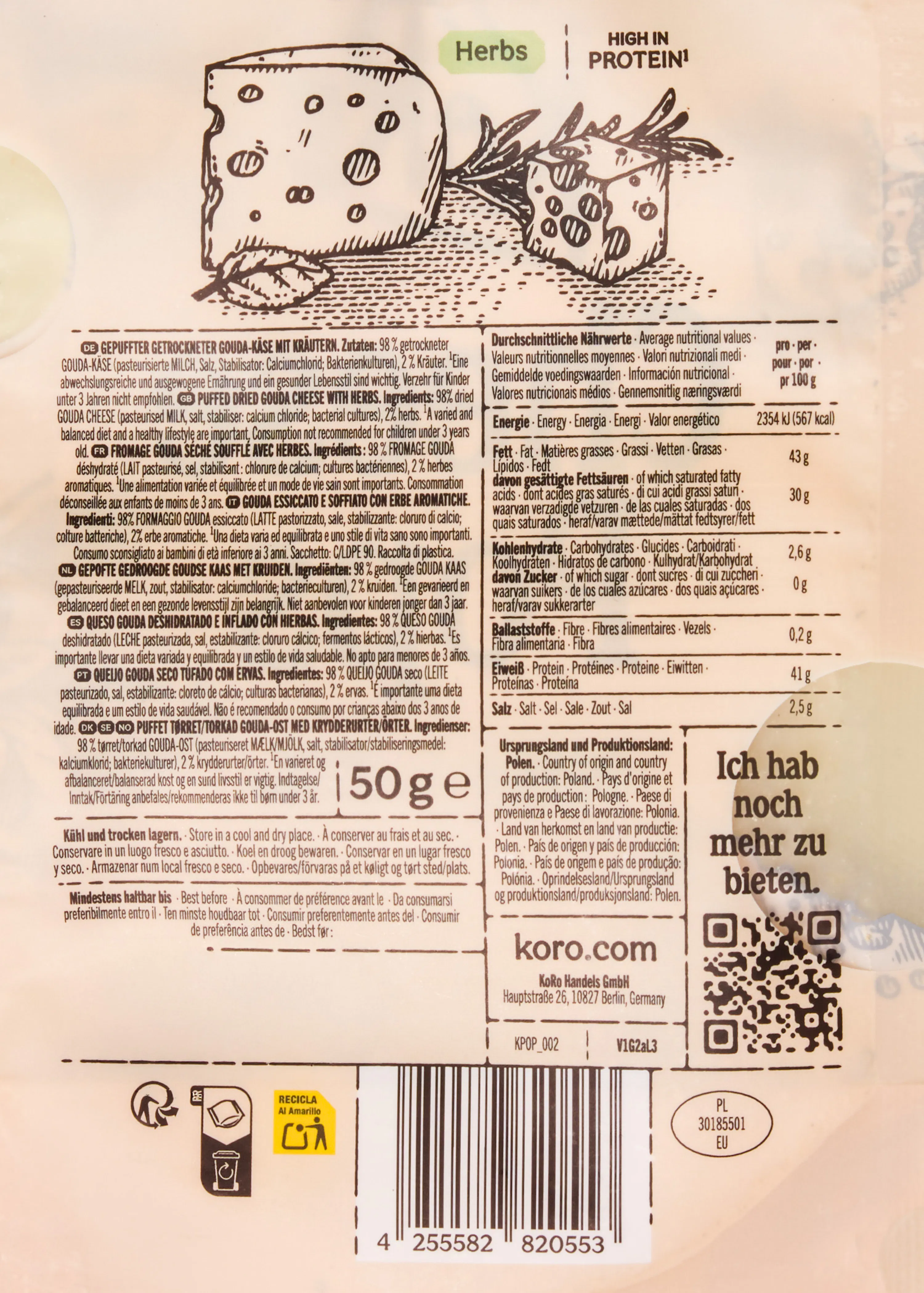 retro di una confezione di formaggio gouda essiccato alle erbe con tabella nutrizionale, ingredienti multilingue e informazioni sul produttore koro.